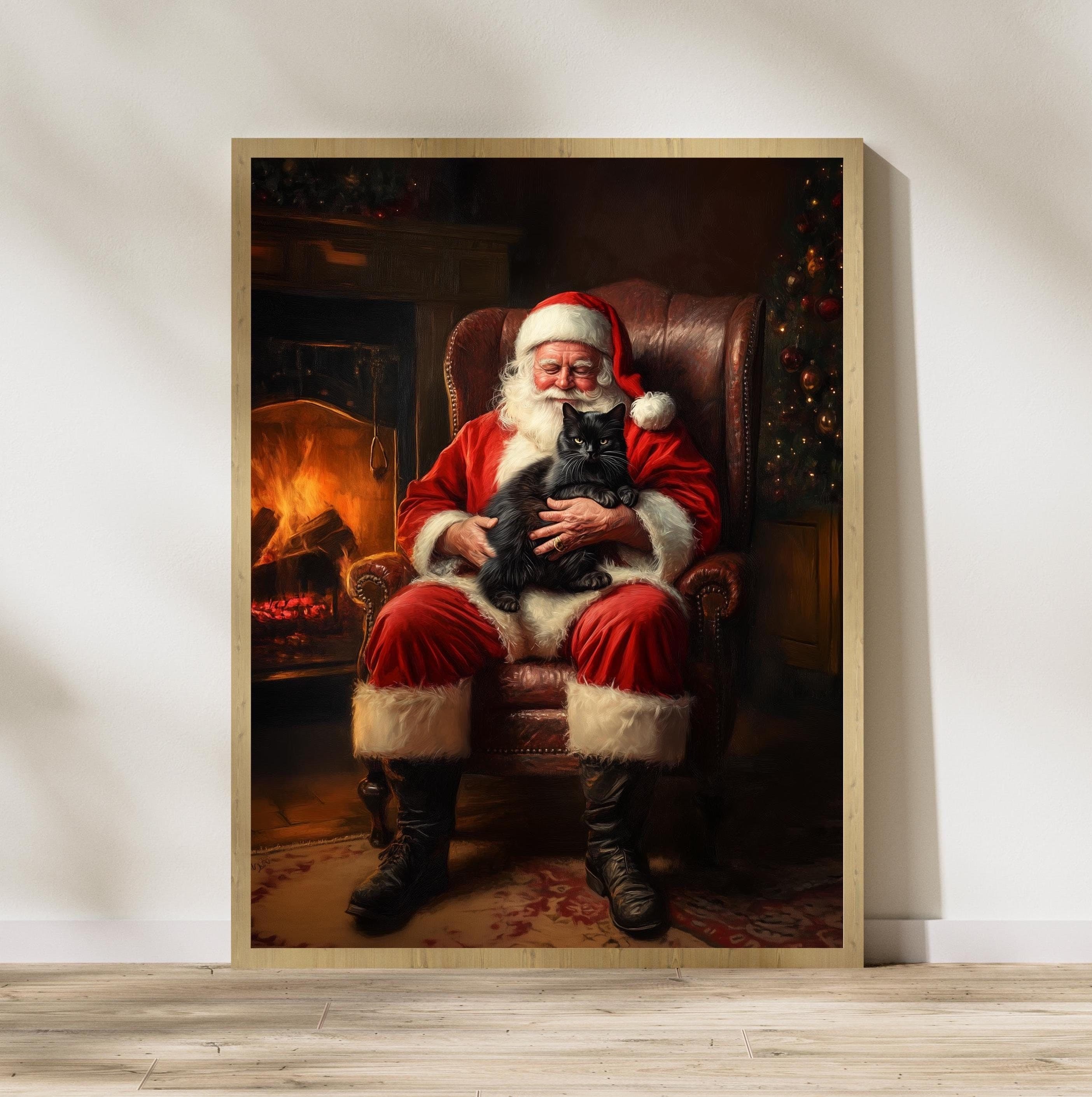 Santa Claus with Black Cat - Cozy Christmas Wall Art Print, Christmas Wall Decor, Whimsical Cat and Santa Claus Print, Digital Download