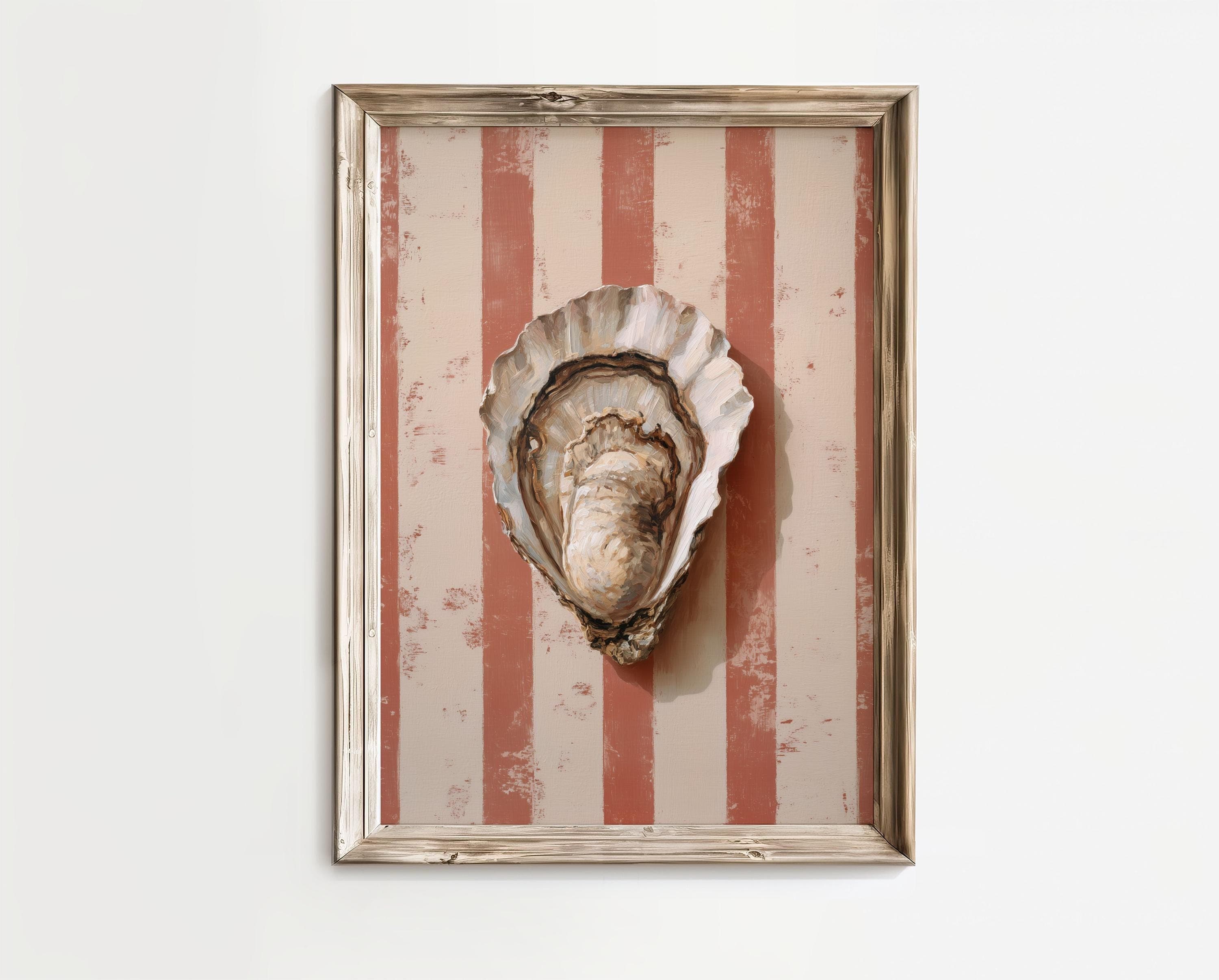 Oyster Shell Wall Print, Coastal Bathroom Decor, Pink Striped Beach House Wall Art, Neutral Nautical Oyster Painting, Preppy Coastal Decor - view 7