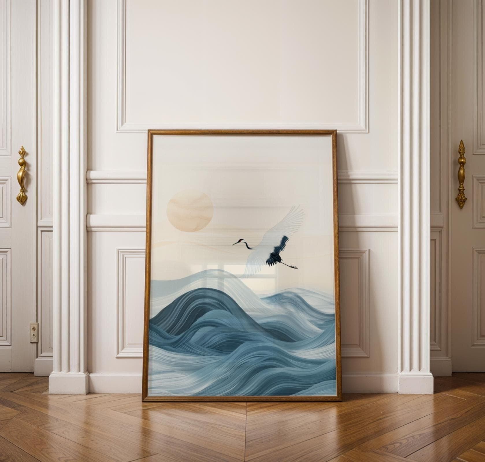 Japanese Crane Wall Art, Japanese Wall Art, Wabi Sabi Wall Art, Blue Waves Japandi Wall Art Print, Printable Wall Art, Zen Wall Hanging