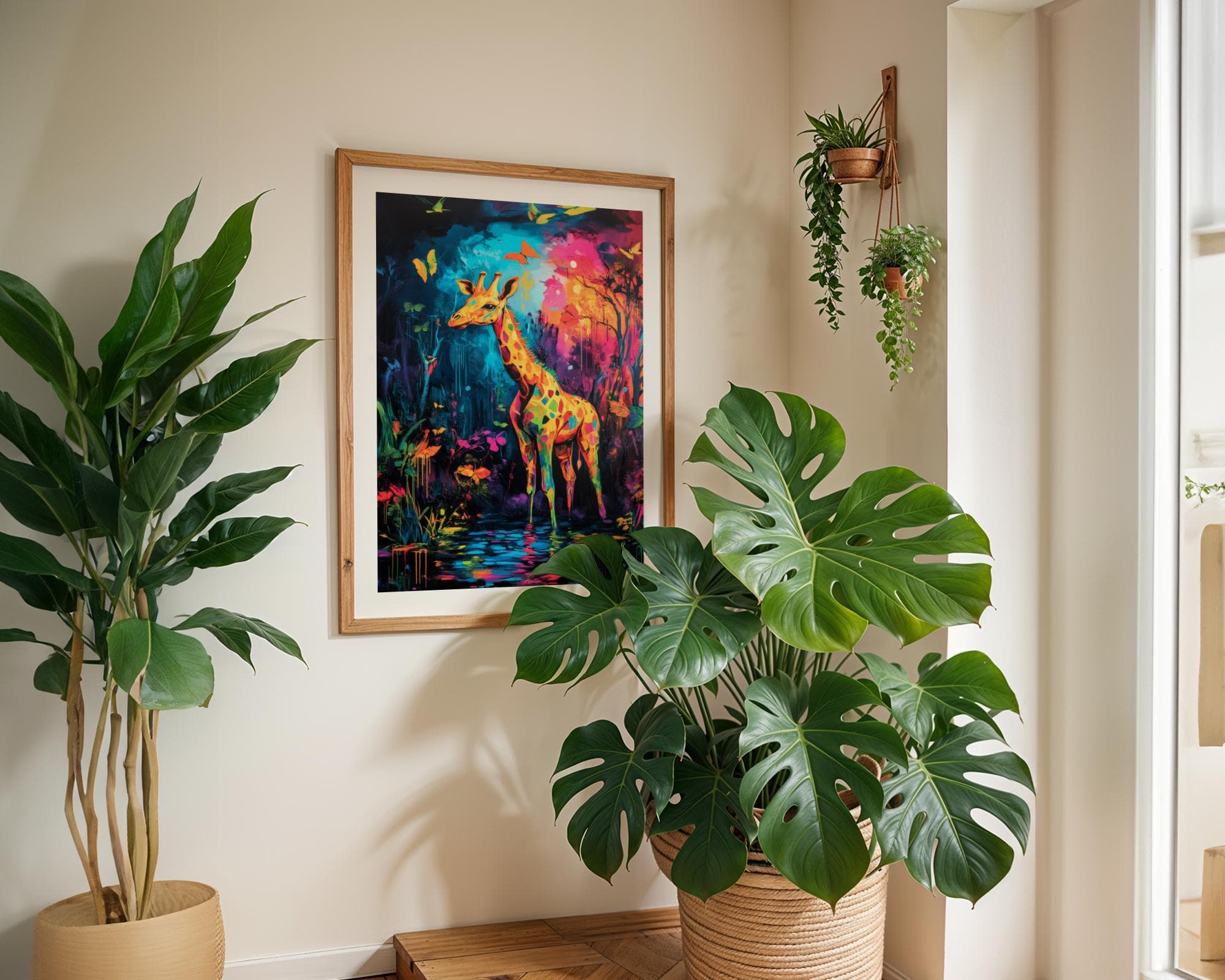 Colorful Giraffe Wall Art, Giraffe Wall Decor, Digital Animal Wall Art, Neon Giraffe in Jungle Poster, Colorful Animal Wall Art, Giraffe Art - view 5