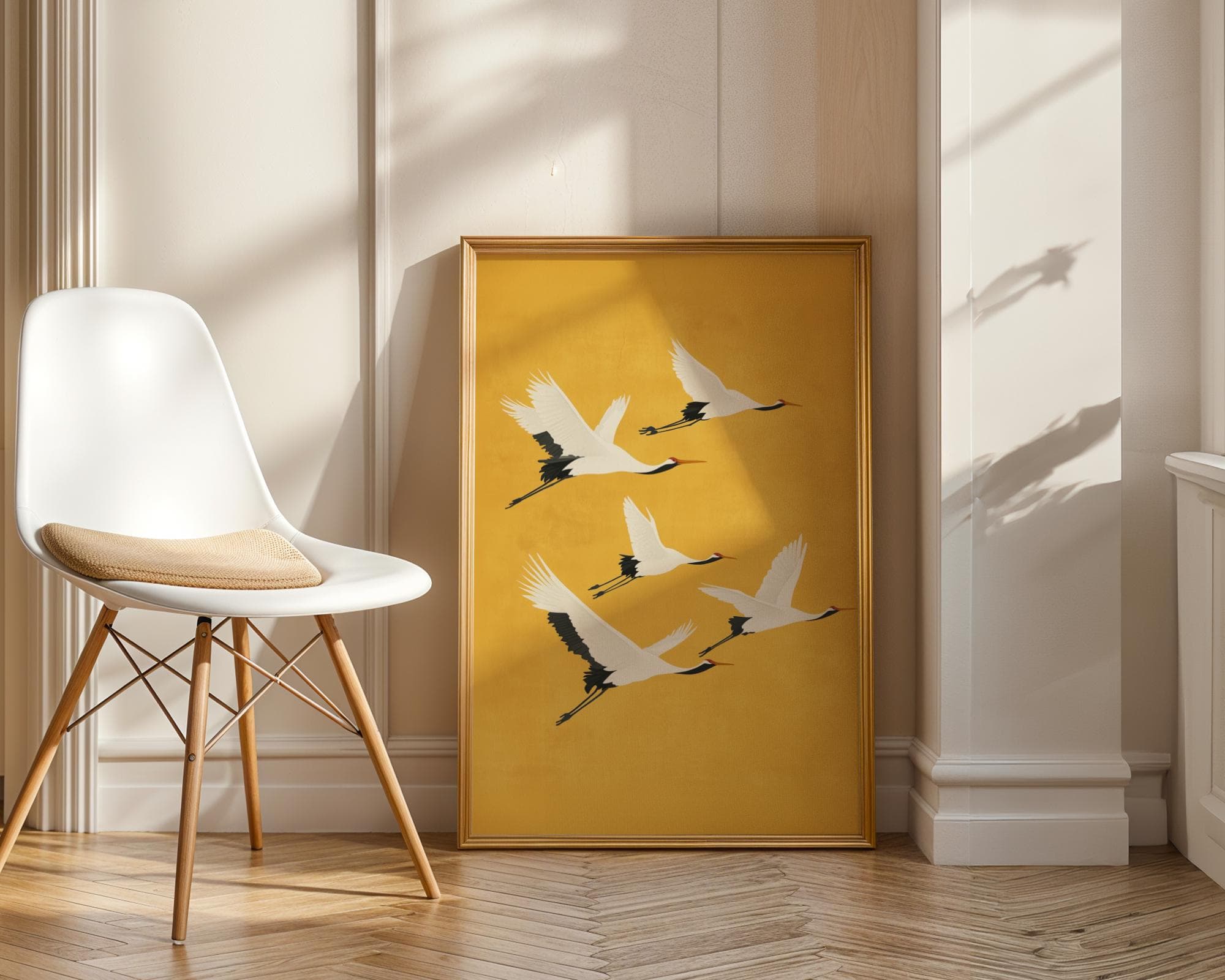 Flying Cranes on Golden Yellow, Japandi Digital Download, Japandi Decor, Boho Bird Art, Japanese Crane Wall Art, Wabi Sabi Wall Art - view 3