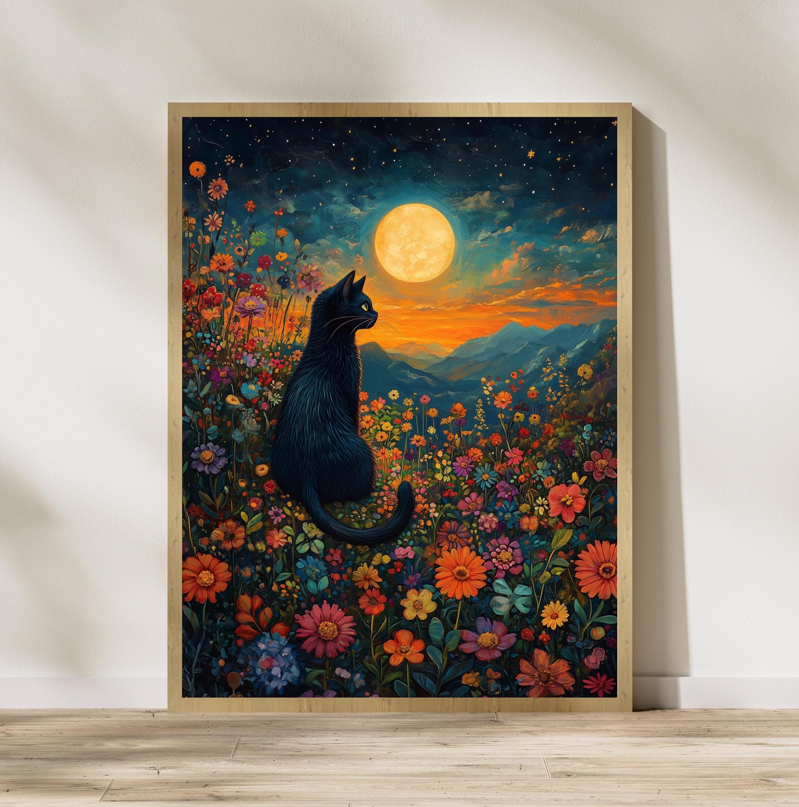 Floral Black Cat Wall Decor, Black Cat Moonlit Wall Art, Starry Night Cat Wall Art, Floral Moonlight Poster, Flower Cat and Moon Wall Decor