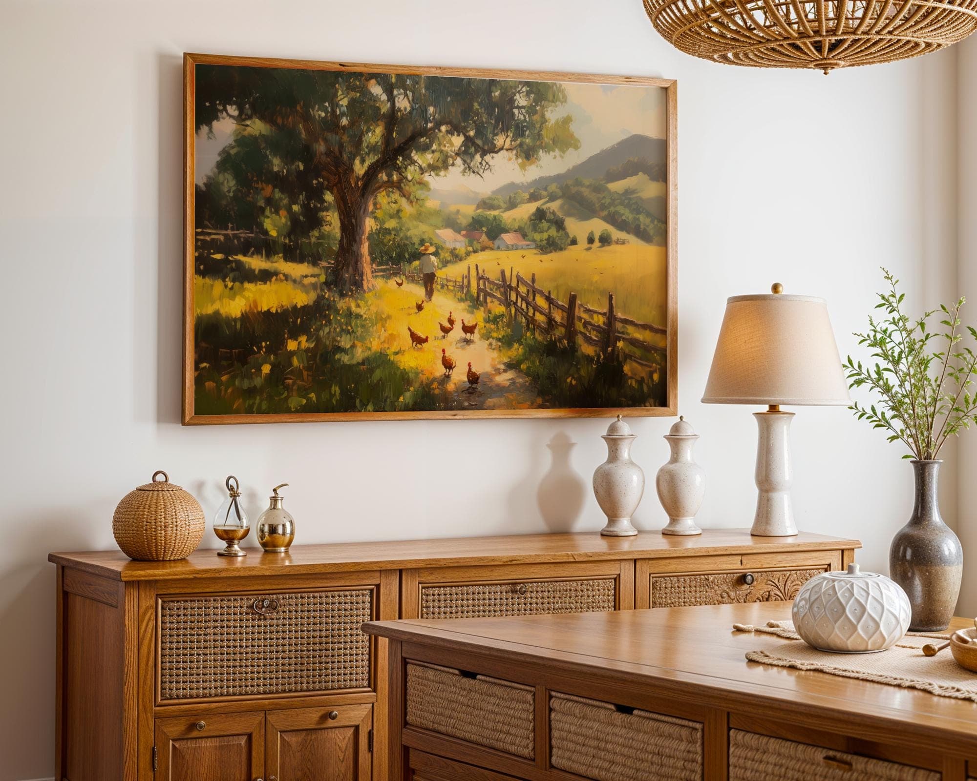 Rustic Farm Landscape Wall Art, Chicken Coop Country Path Painting, Vintage Farmhouse Decor Print with Barns and Golden Fields - view 3