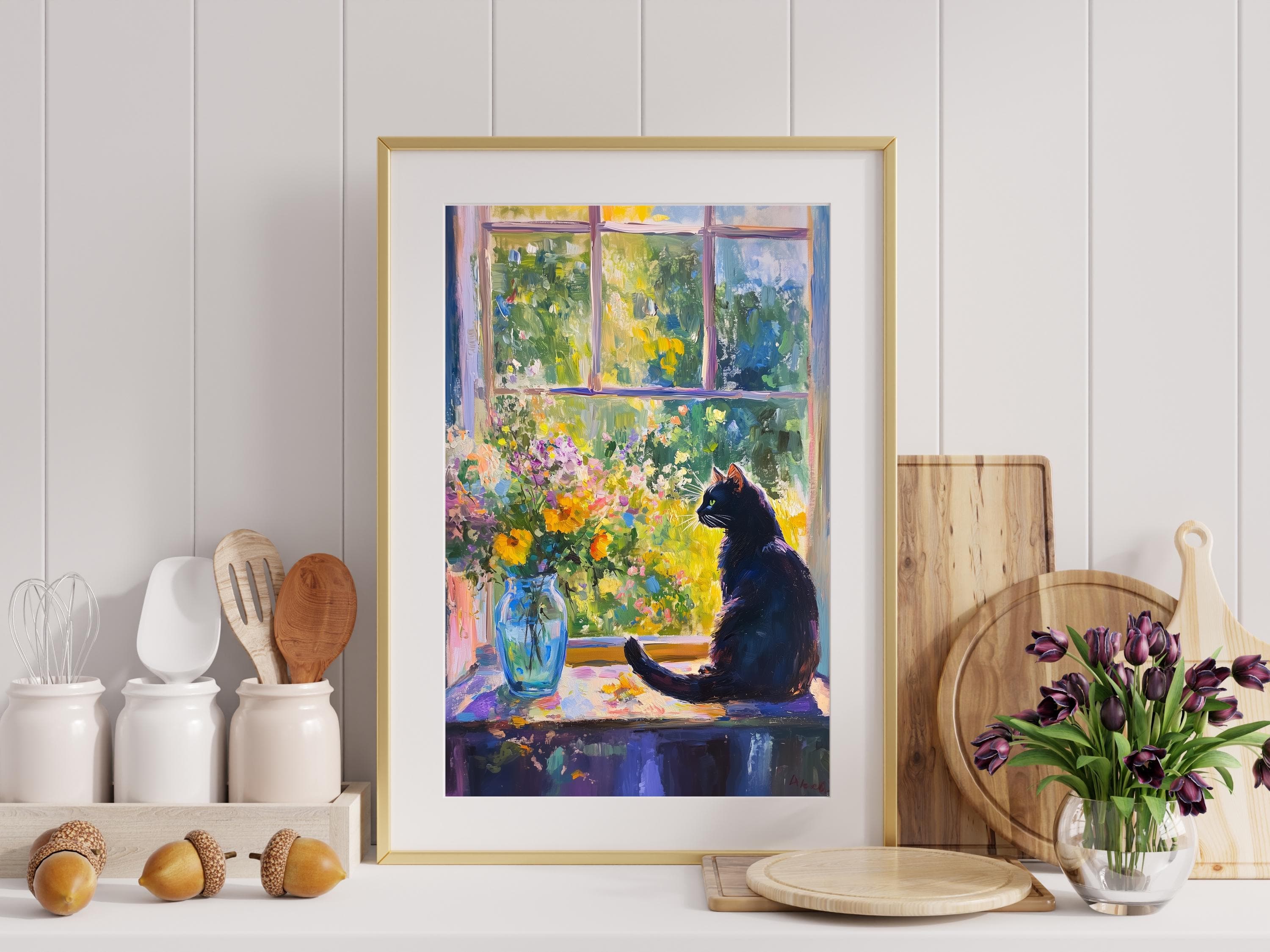 Whimsical Black Cat Art, Colorful Oil Painting, Cat Mom Gift, Digital Cat Art, Colorful Home Decor, Black Cat Oil Painting Poster - view 3