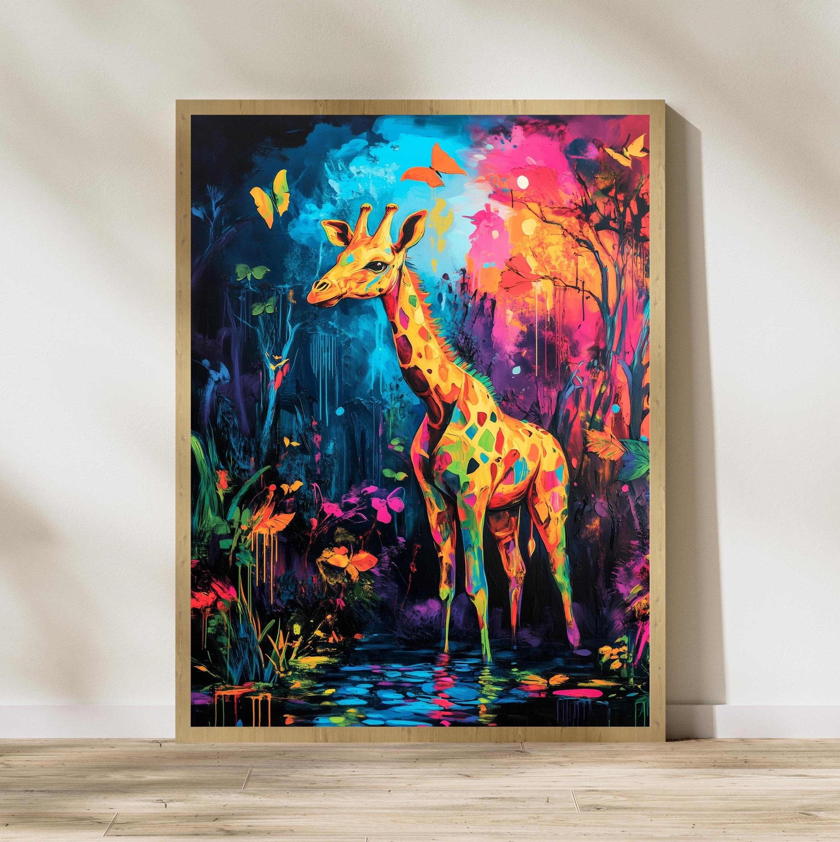 Colorful Giraffe Wall Art, Giraffe Wall Decor, Digital Animal Wall Art, Neon Giraffe in Jungle Poster, Colorful Animal Wall Art, Giraffe Art