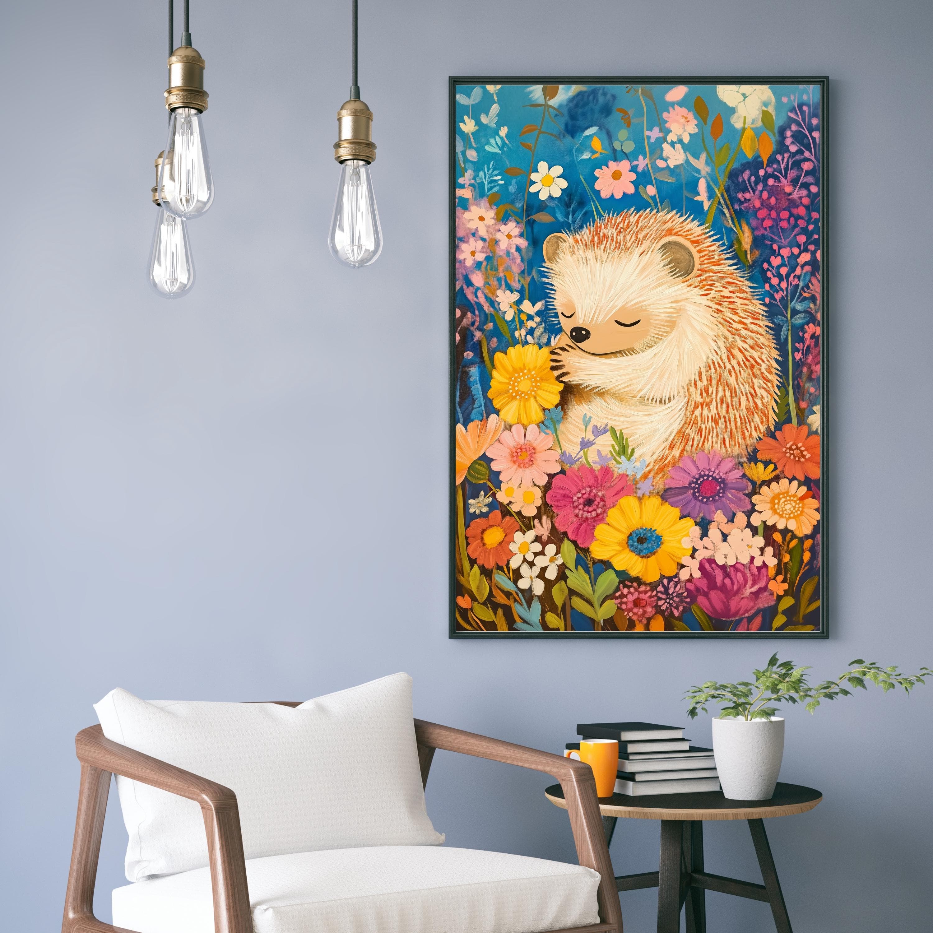 Whimsical Hedgehog Wall Art, Colorful Animal Nursery Art, Nature Wall Decor, Whimsical Hedgehog in Flower Garden, Oil Painting Hedgehog Art - view 2