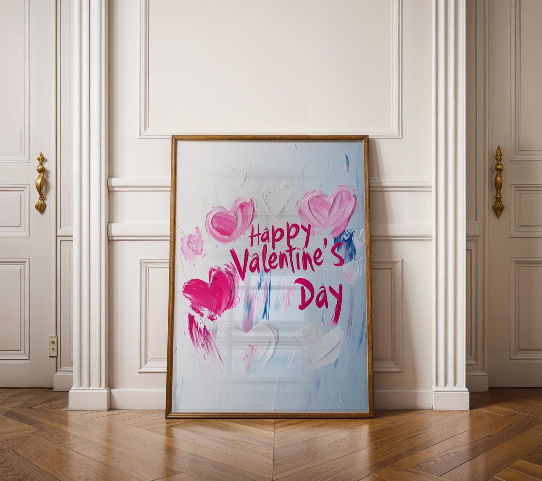 Happy Valentine's Day Wall Art, Heart Oil Painting, Romantic Abstract Art, Valentine's Day Decor, Printable, Digital, Hearts Art Prints