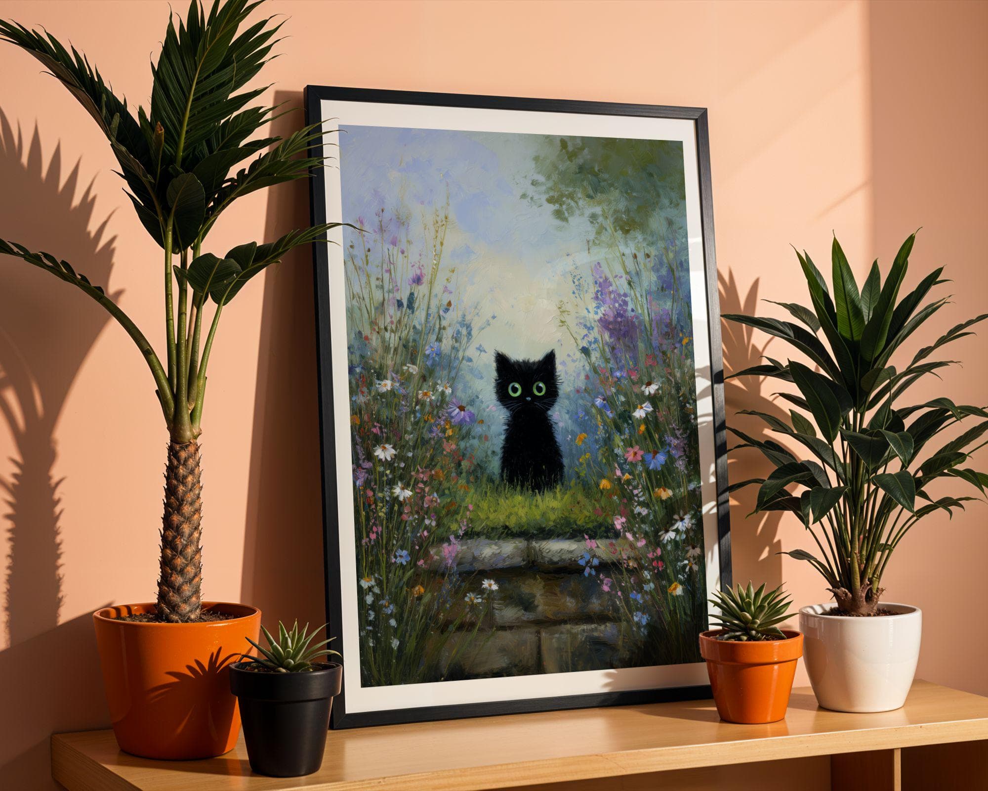 Black Cat in Wildflower Garden Wall Art, Whimsical Black Cat Poster, OilPaint Print, Colorful Floral Decor, Black Cat Aesthetic,Charming Cat - view 2