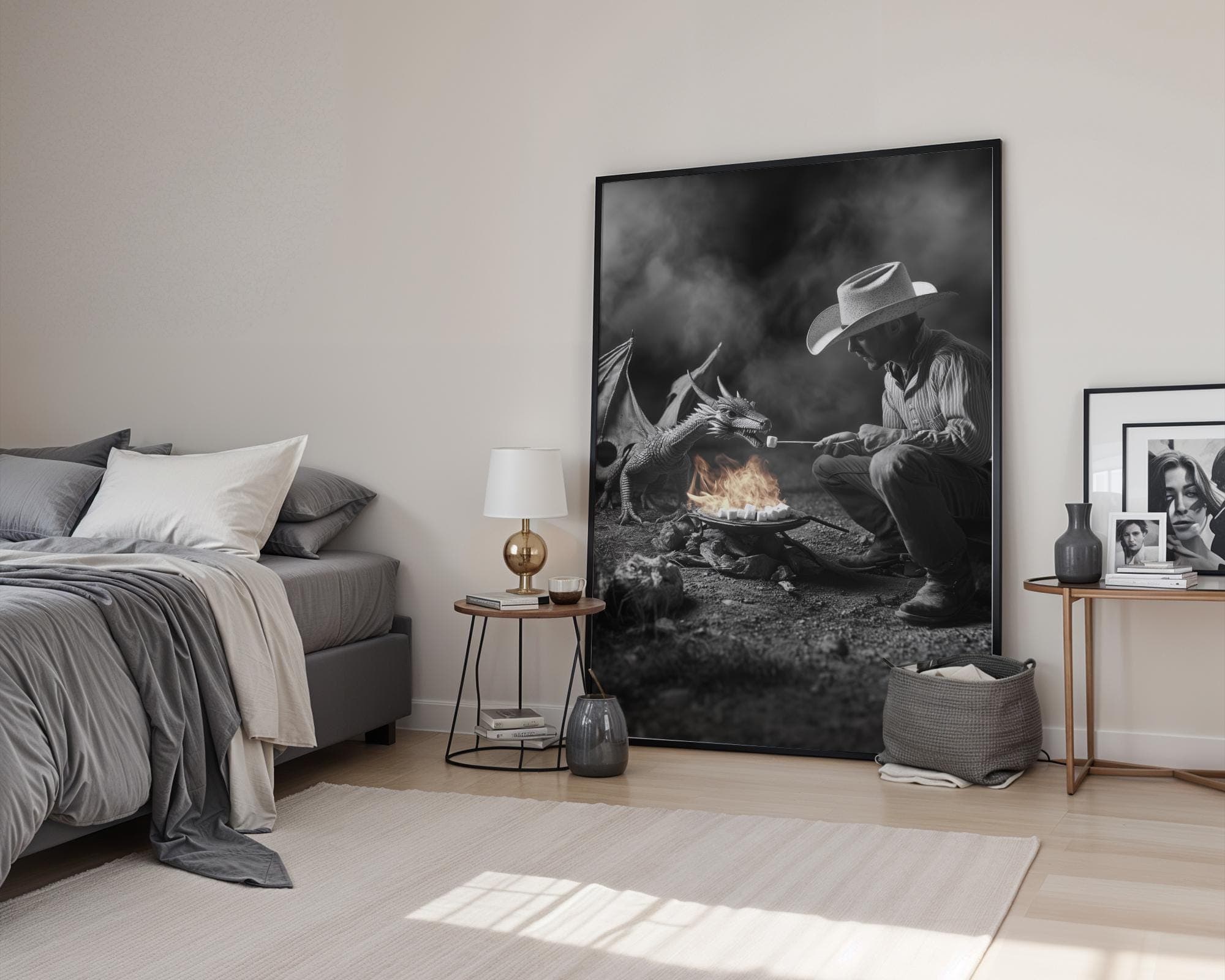 Cowboy and Dragon Campfire Fantasy Wall Art in Black and White Surreal Western Dragon Print, Fantasy Western Dragon Campfire Poster - view 2