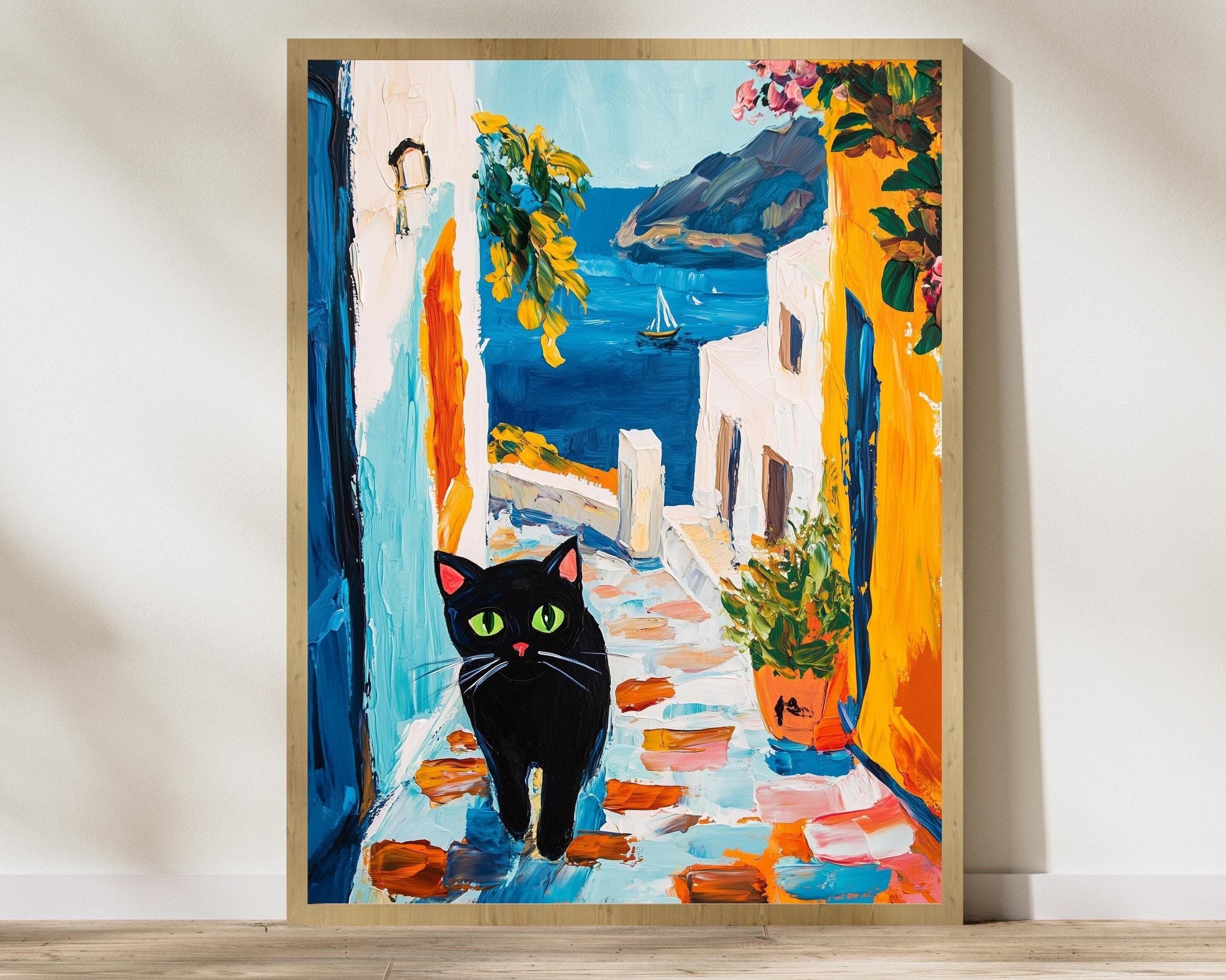 Santorini Cat Art Print, Greek Island Illustration, Travel Art, Greek Islands Wall Art, Cat Wall Art, Colorful Vibrant Housewarming Gift