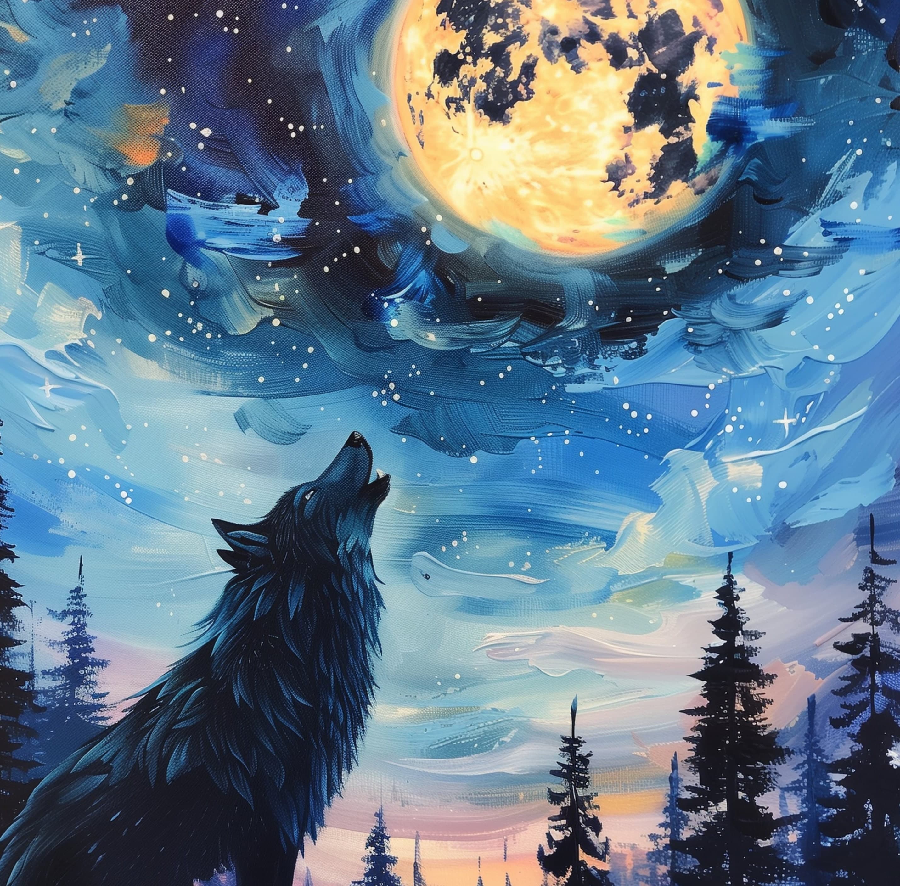 Black Wolf Full Moon Wall Art, Oil Painting, Black Wolf Landscape Poster, Moonlit Night Wolf Howling Abstract Art, Full Moon Wolf Print - view 2