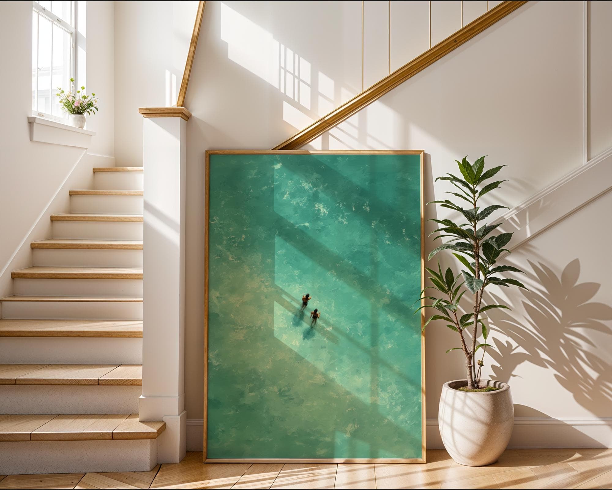Turquoise Sea Walk Art Print ā Minimalist Summer Ocean Wall Art, Aerial Beach Art Print, Walking in Ocean Wall Art, Minimalist Sea Print - view 2