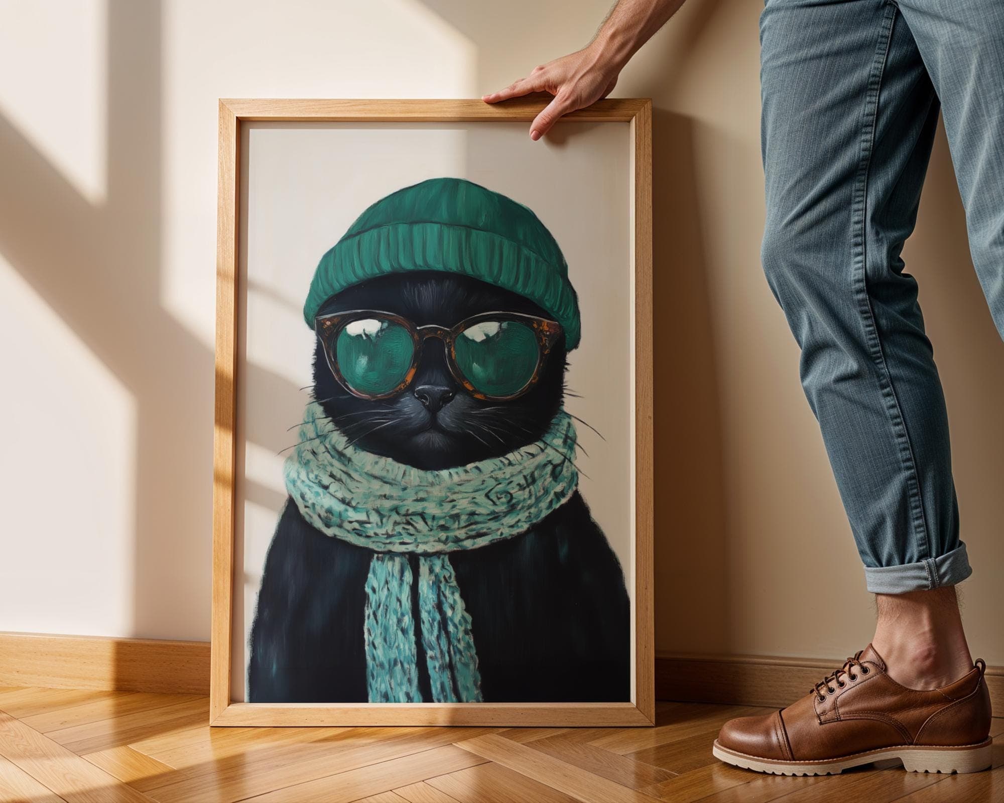 Trendy Black Cat Wall Art, Hipster Cat Portrait, Quirky Cat Decor, Matisse Black Cat Painting, Cool Cat Wall Art, Quirky Black Cat Print - view 7