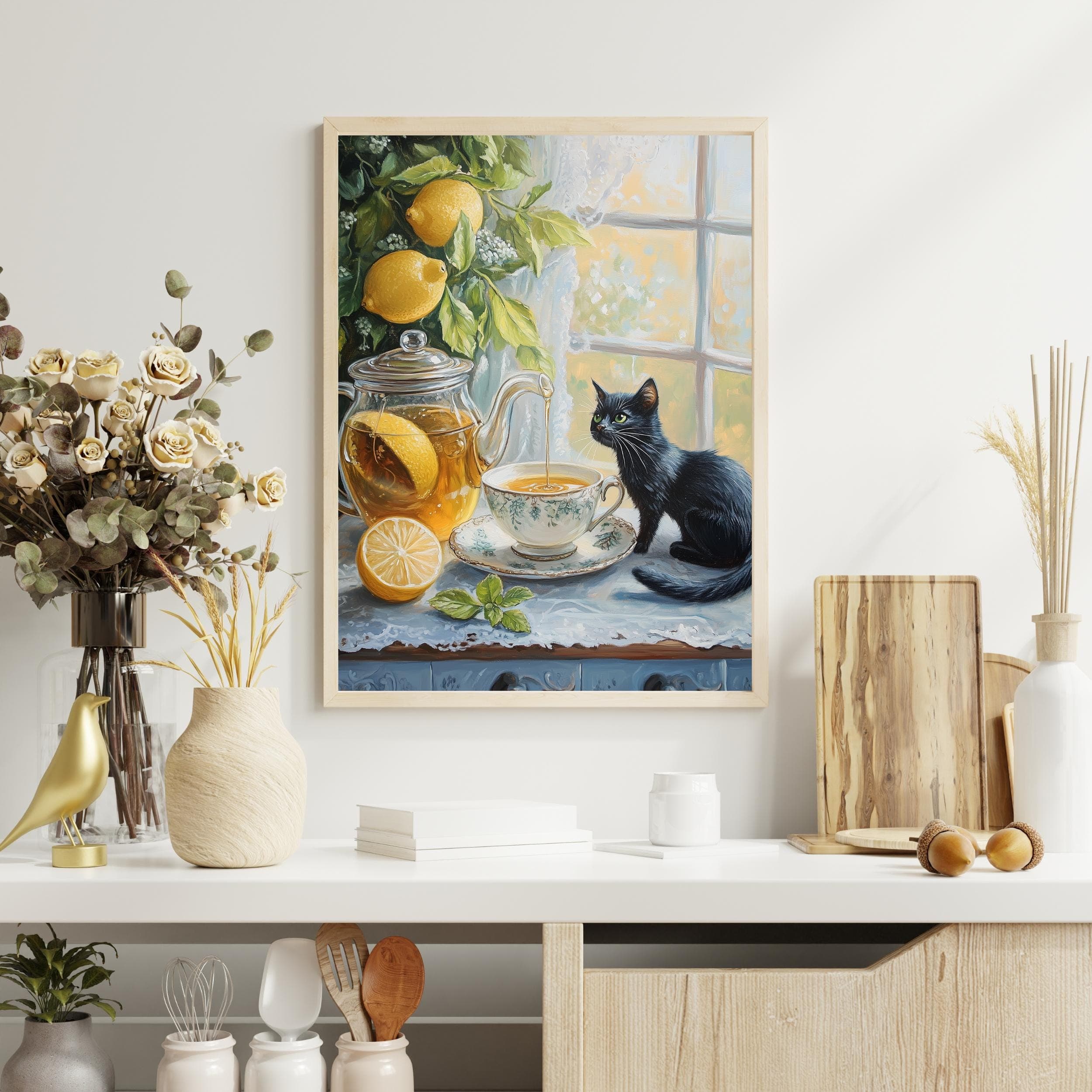 Black cat and lemon still life painting, Whimsical still life painting, Cozy kitchen art, Kitchen wall print, Vintage teacup painting - view 3
