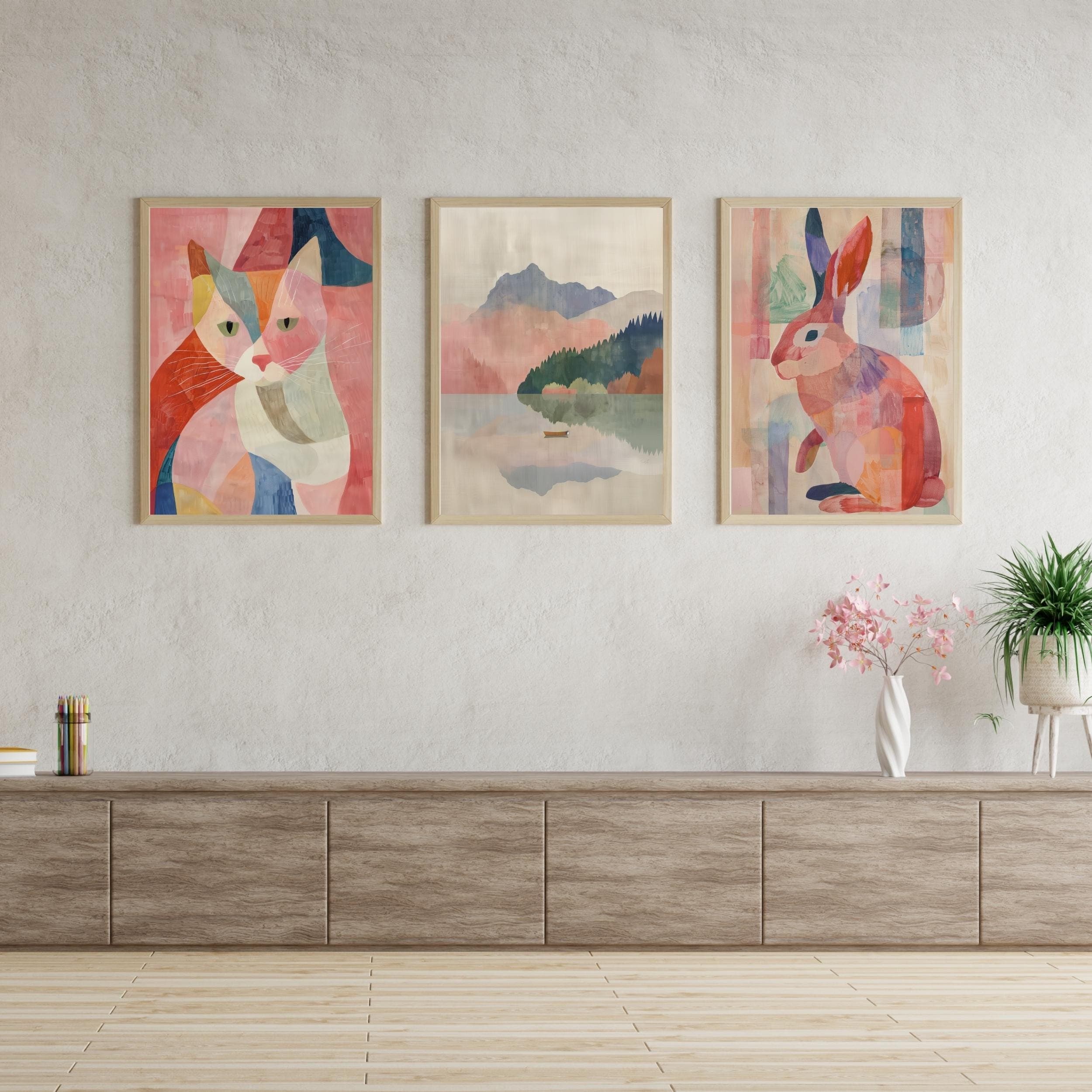 Colorful Animal Wall Art Set, Modern Pastel Art Set, Boho Eclectic Gallery Wall, Animal and Landscape Wall Print, Minimalist Bohemian Prints - view 6