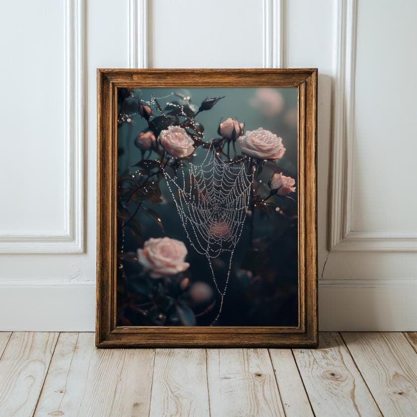 Moody Spiderweb and Pink Rose Wall Art Print, Vintage Botanical Gothic Wall Poster, Dark Academia Decor, Digital Download, Moody Wall Art