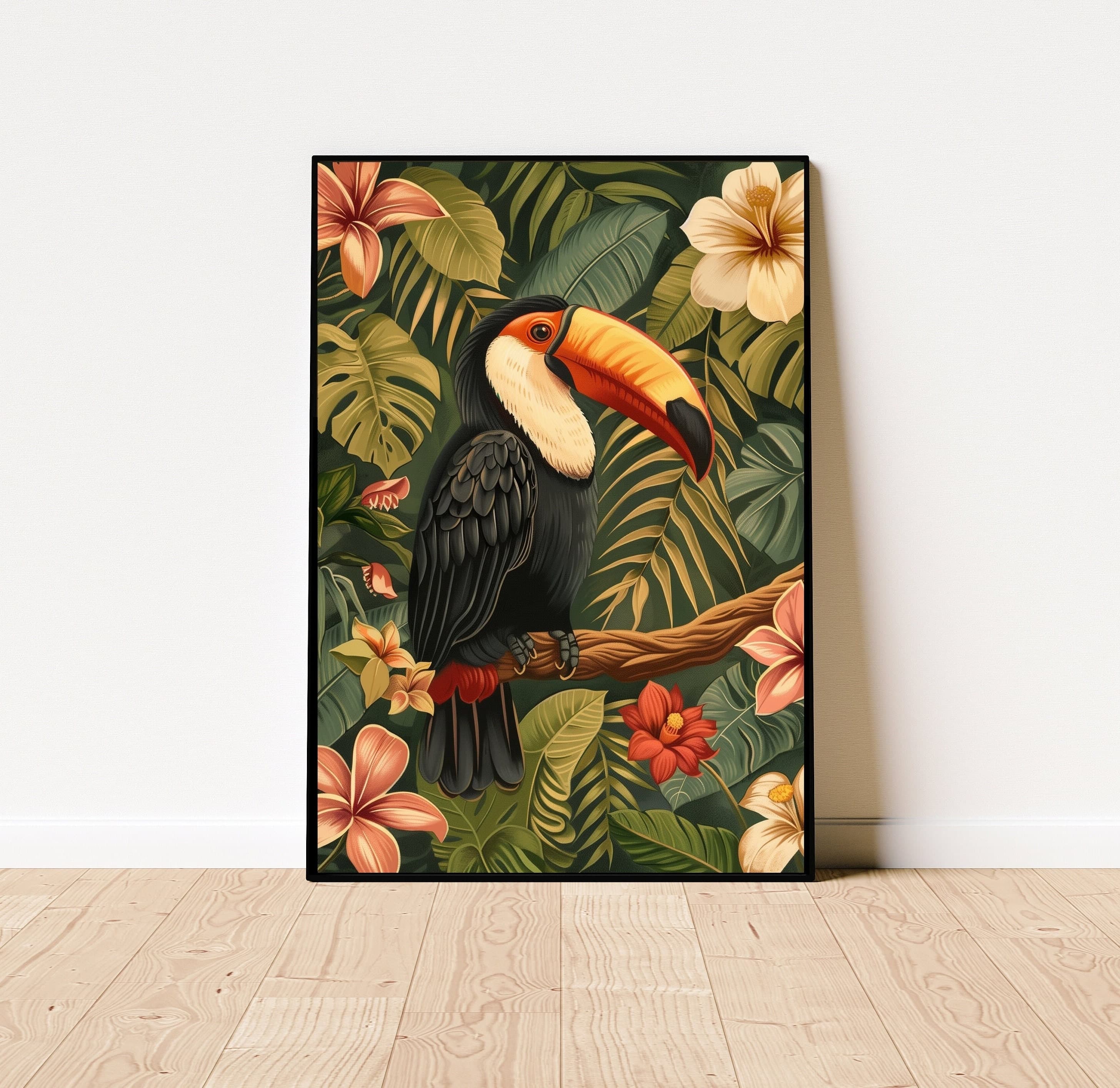 Colorful Toucan and Flowers Poster, Oil Painting, Colorful Tropical Toucan,Eclectic Toucan Wall Art, Abstract Toucan Digital Poster