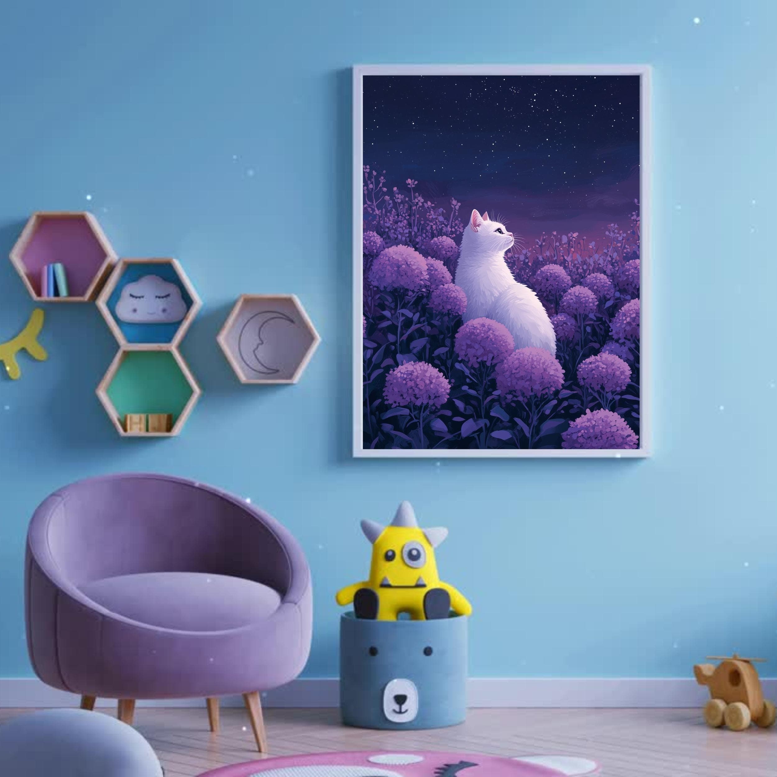White Cat Under Starlit Sky - Purple Floral Art Print, Purple Floral Fantasy Art Print, White Cat with Lilac Flowers, White Cat Wall Print - view 5