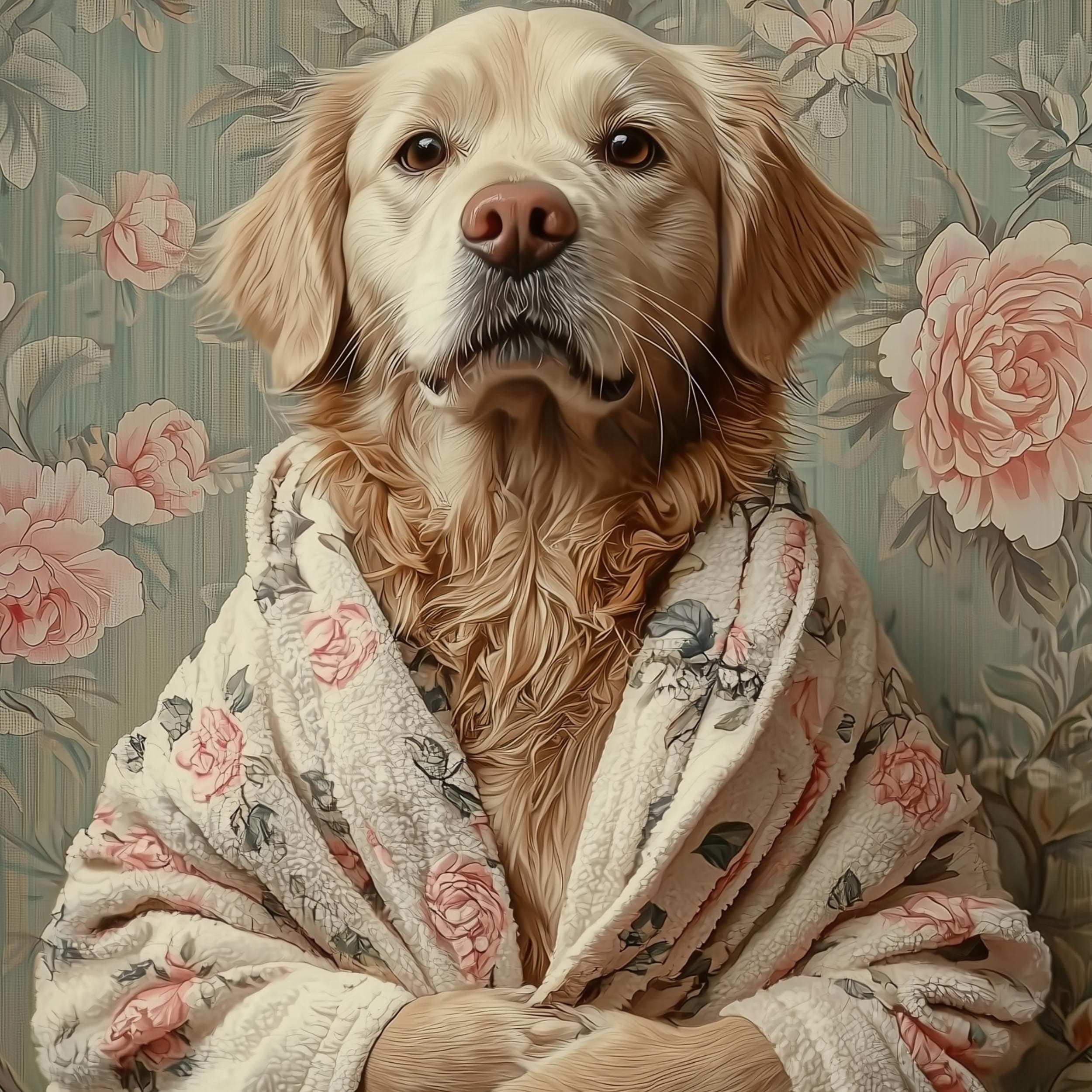 Golden Retriever in Bathrobe DIGITAL DOWNLOAD, Dog Printable Wall Art, Floral Dog Print, Funny Pet Decor, Dog Lover Gift, Retro Dog Poster - view 2