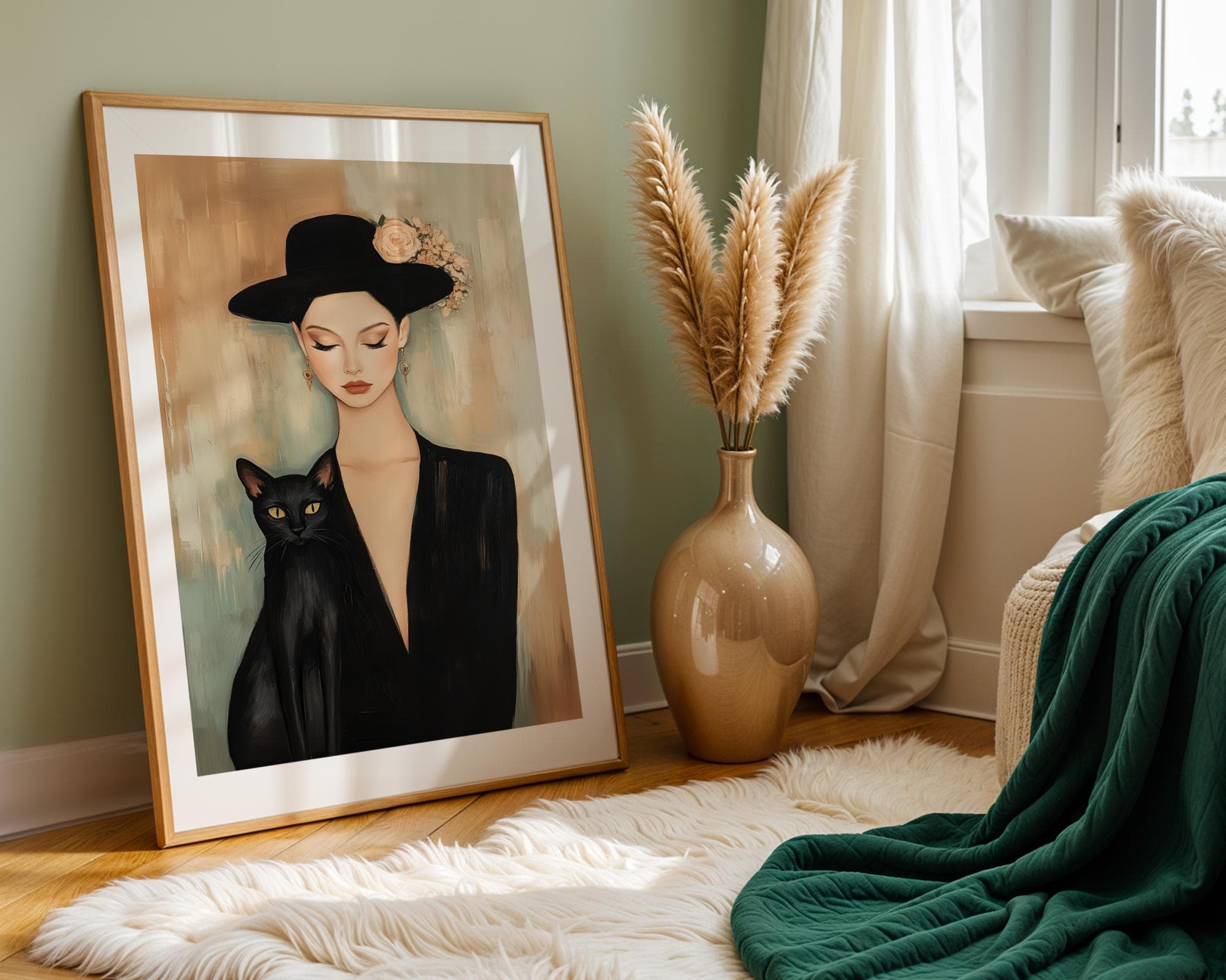 Black Cat and Lady Portrait - Modern Vintage Aesthetic Digital Art, Classy Lady with Black Cat Poster, Vintage Woman Art, Black Cat Portrait - view 7