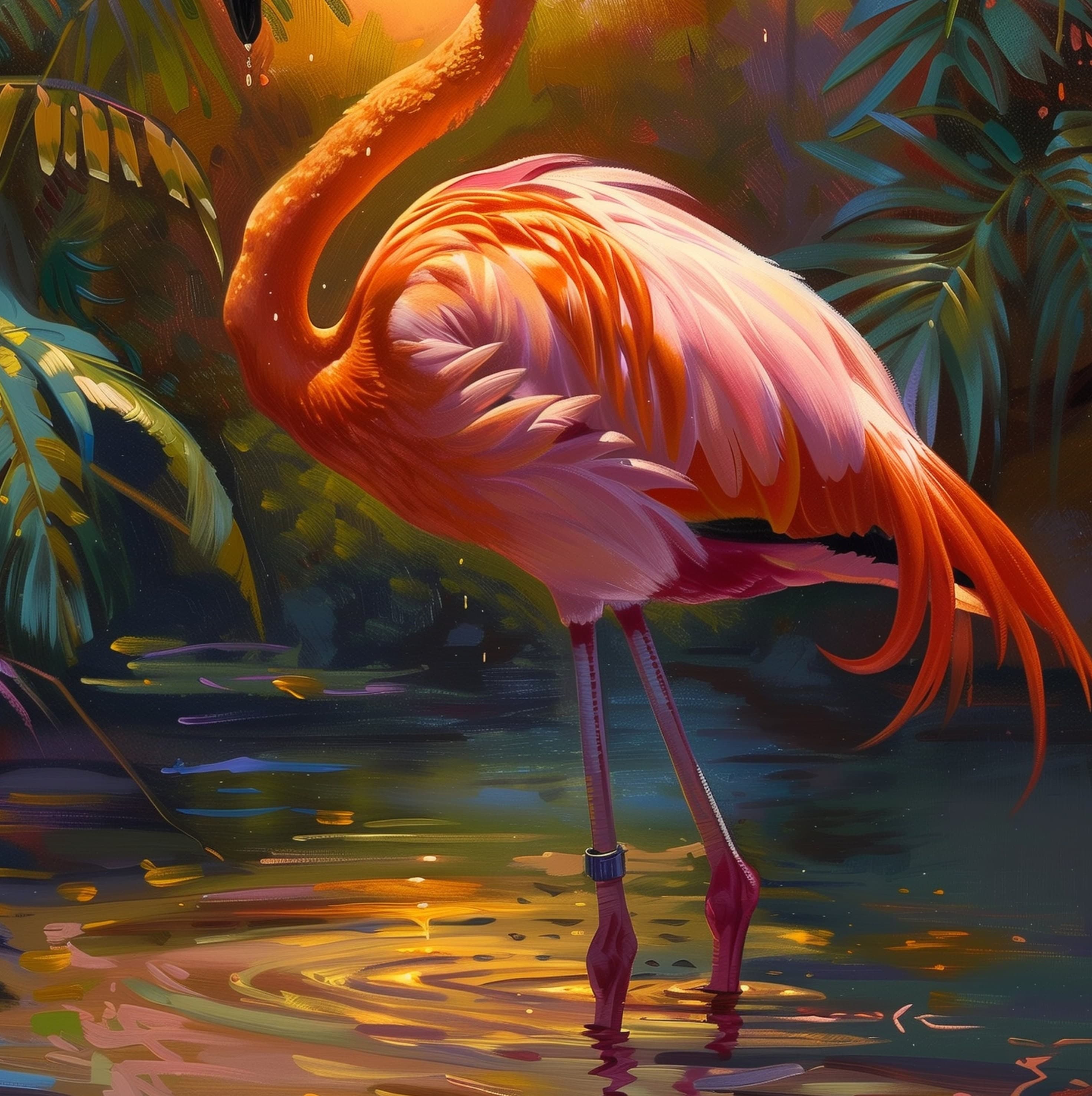 Flamingo Sunset Poster, Oil Painting, Printable Flamingo Wall Art, , Flamingo Print, Tropical Bird Sunset Print, Flamingo Digital Print - view 2