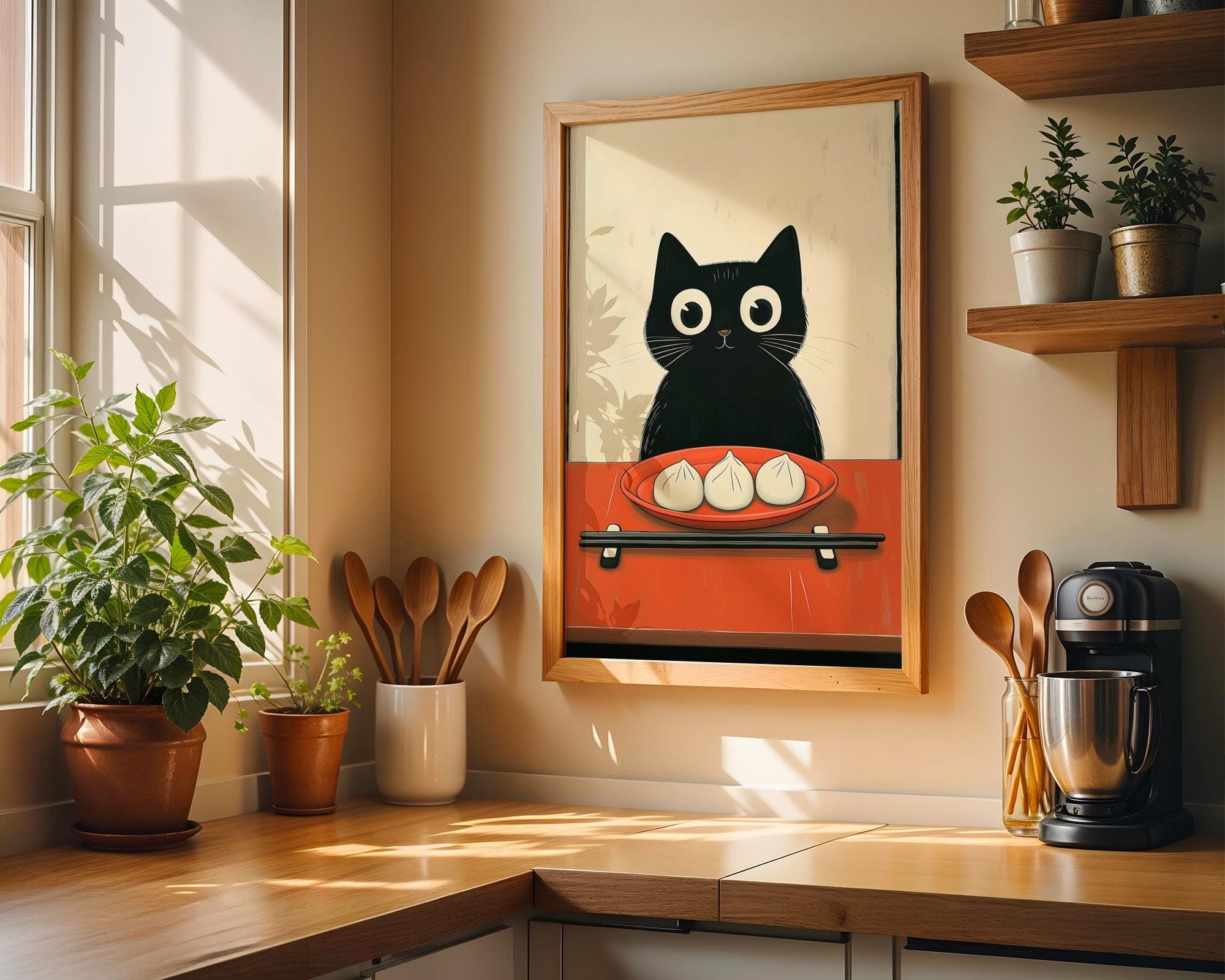 Japan Cat Illustration Print, Cute Kitchen Decor, Cat Poster, Wall Art, Printable, Minimalist Art Print, Cute Food Wall Art, Dumpling Art - view 6