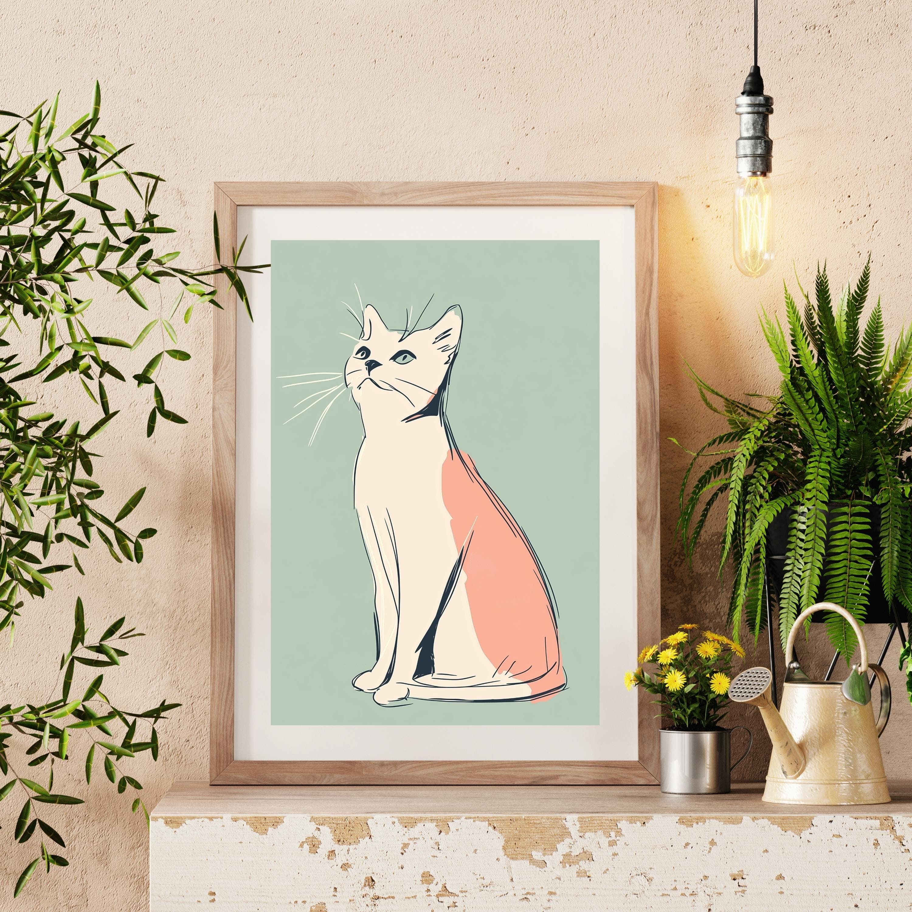 Minimalist Cat Art, Modern Cat Wall Art, Pastel Colored Cat Illustration, Chic Cat Poster, Modern Cat Line Drawing, Peach and Mint Green Art - view 3