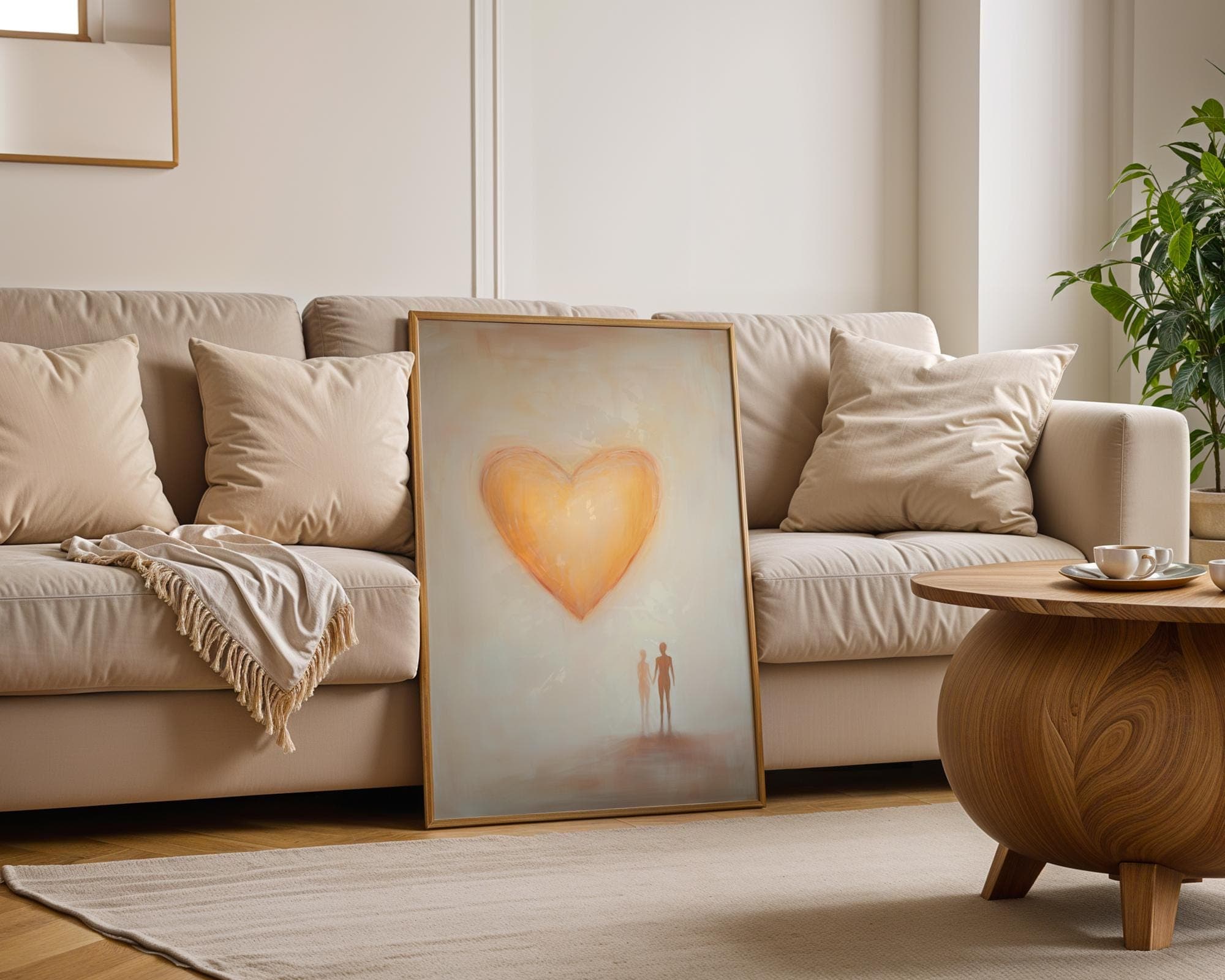Golden Yellow Heart Painting, Minimalist Romantic Decor, Romantic Heart Art, Warm Bedroom Wall Decor, Digital Heart Art, Valentines Wall Art - view 4