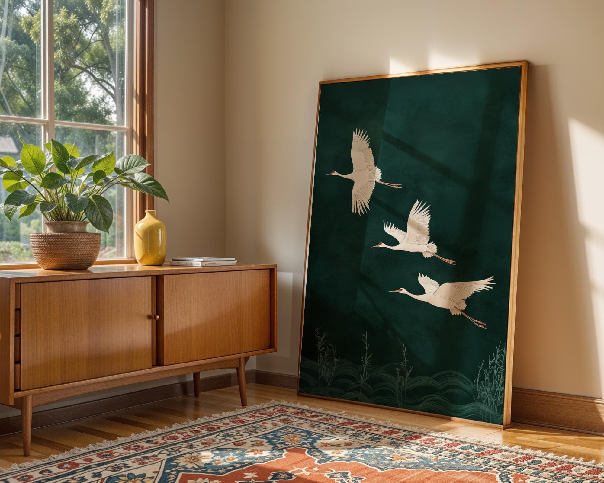 Japanese Cranes in Flight on Emerald Green, Japandi Digital Download, Emerald Art, Japandi Decor, Boho Bird Art, Wabi Sabi Wall Art - view 4