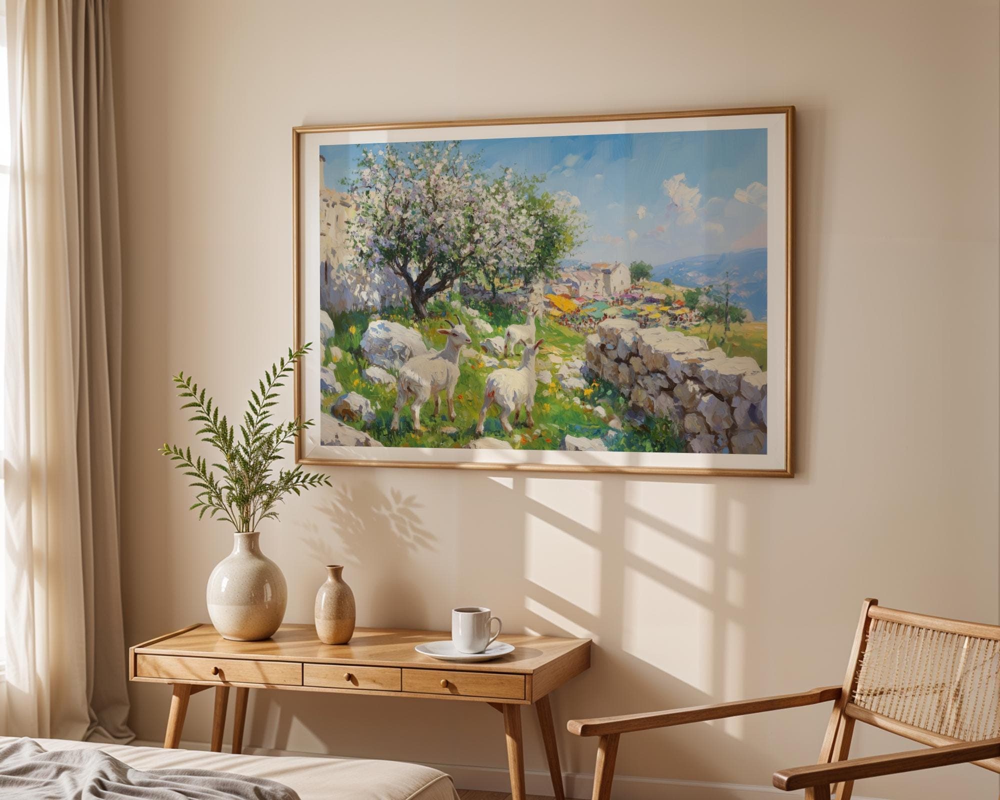 Spring Goat Pasture Wall Art Print, Mediterranean Village Market Landscape Painting, Blooming Tree Countryside Decor, Blooming Orchard Print - view 5