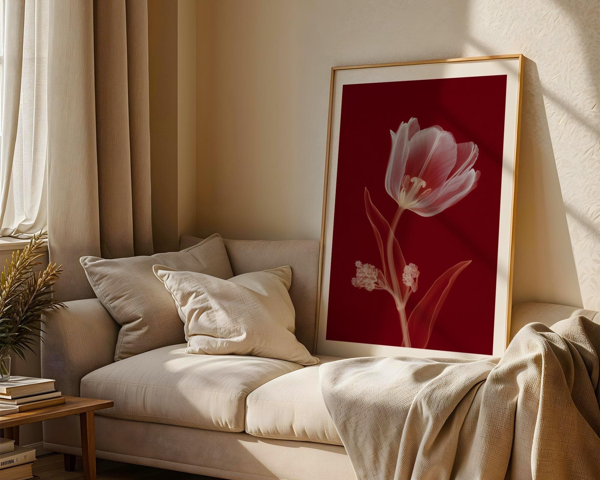 Red X-Ray Tulip Flower Wall Art Print, Minimal Flower Poster, X-Ray Tulip Flower Wall Art, Minimal X-Ray Flower Art, Deep Red Botanical Art - view 6