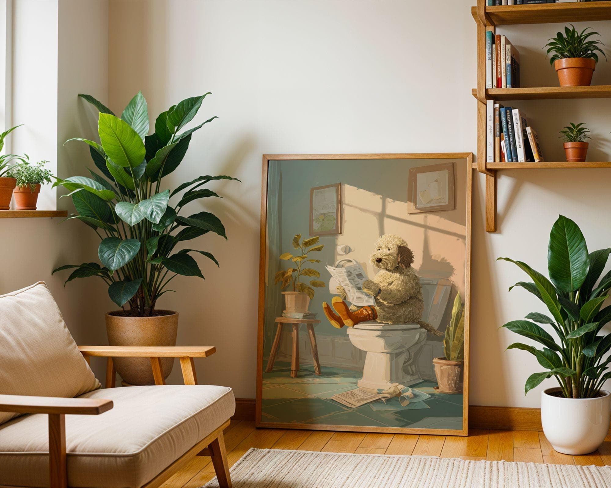 Funny Bathroom Dog Wall Art Print, Whimsical Poodle Reading Newspaper on Toilet, Funny Bathroom Dog Poster Print, Quirky Bathroom Poster - view 6