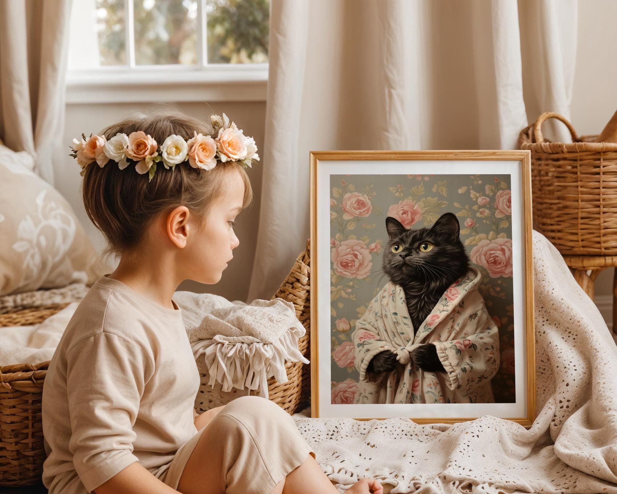 Fluffy Black Cat Portrait Digital Download, Cat Printable Wall Art, Black Cat in Bathrobe Wall Art, Whimsical Black Cat Art, Floral Cat Art - view 6
