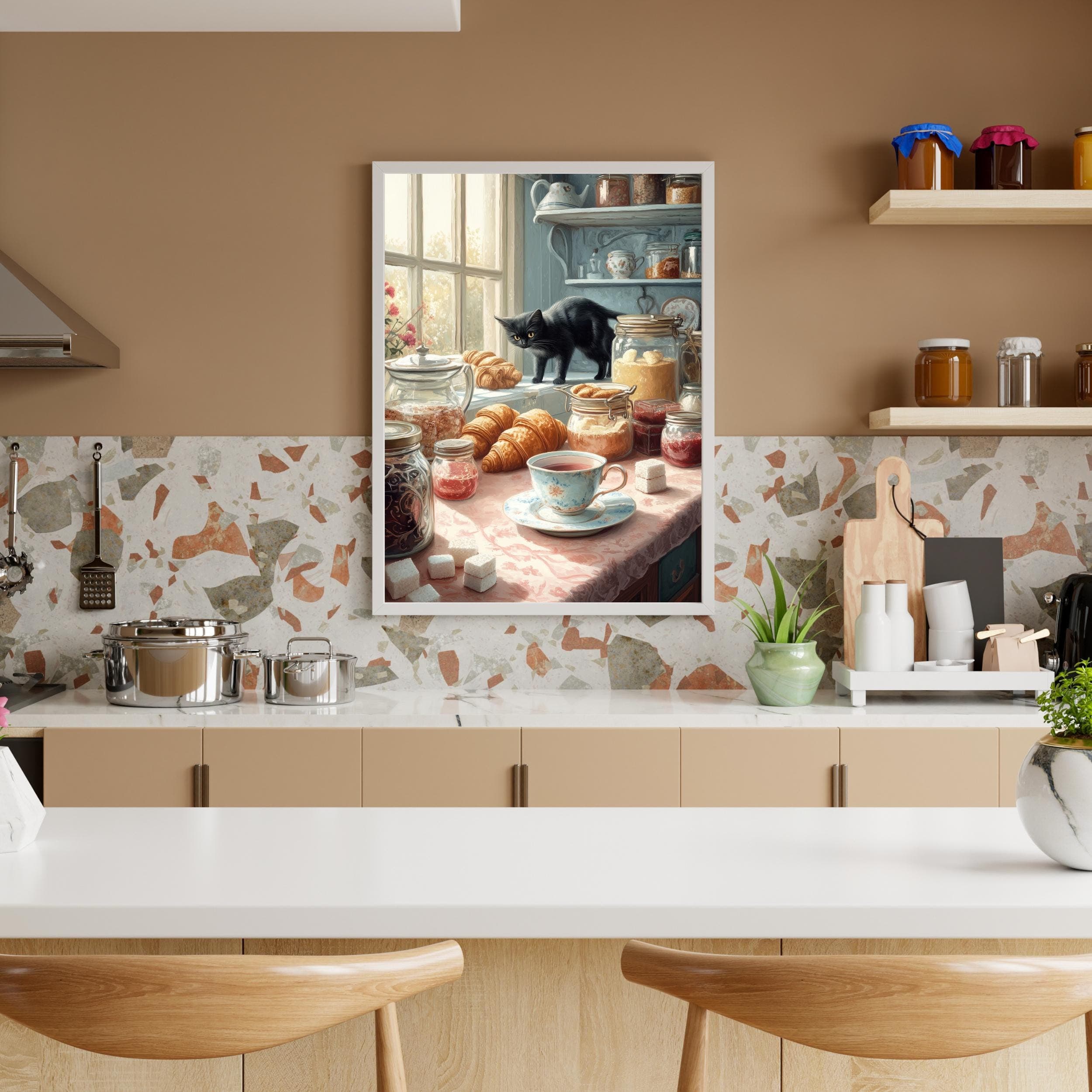 Whimsical Black Cat with Pastries Art, Farmhouse Kitchen Art, Digital Animal Wall Art, Black Cat Kitchen Poster, Kitchen Wall Decor - view 5