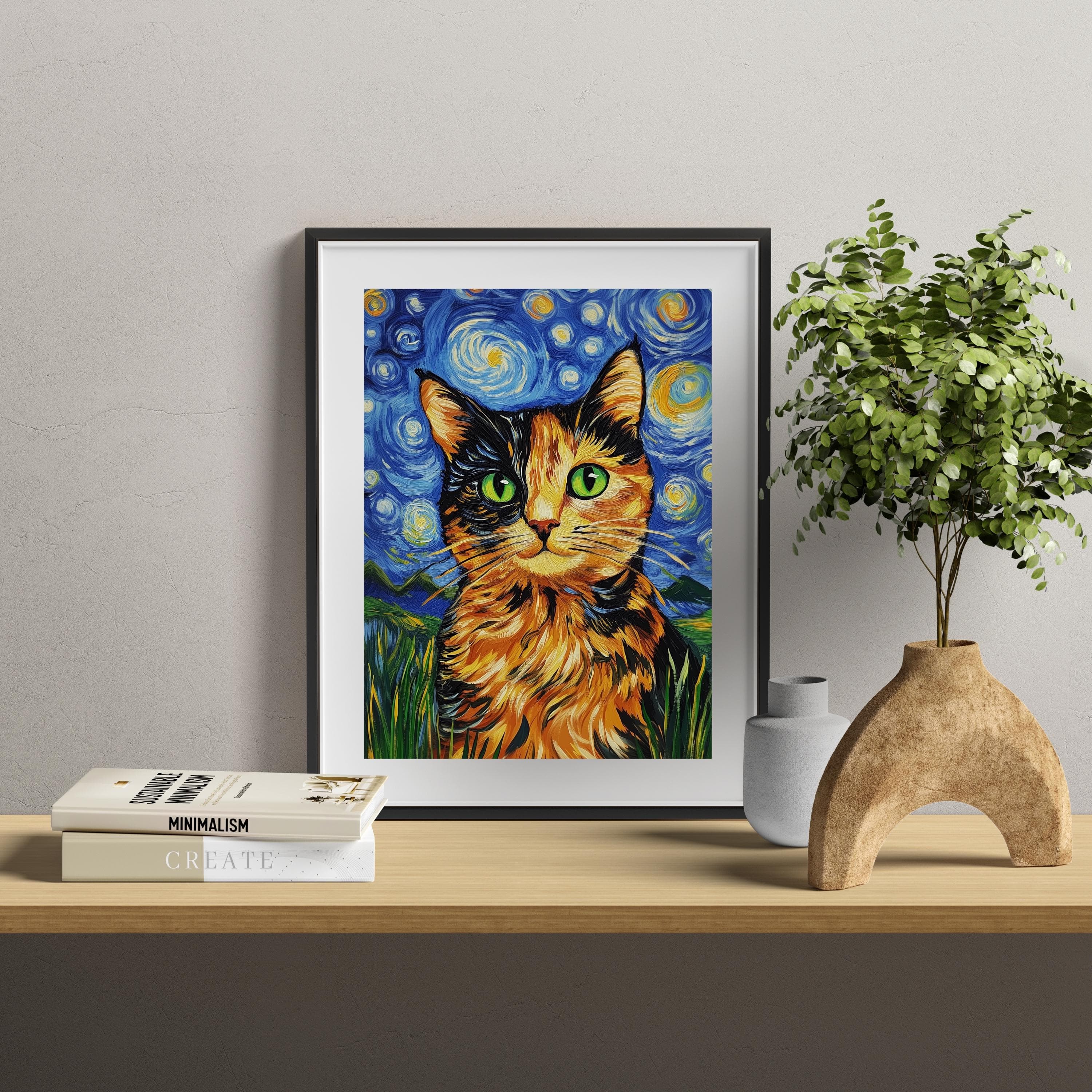 Abstract Cat Wall Art, Van Gogh Inspired Starry Night Cat, Colorful Wall Art Inspired by Van Gogh, Colorful Abstract Cat Painting, Cat Print - view 2