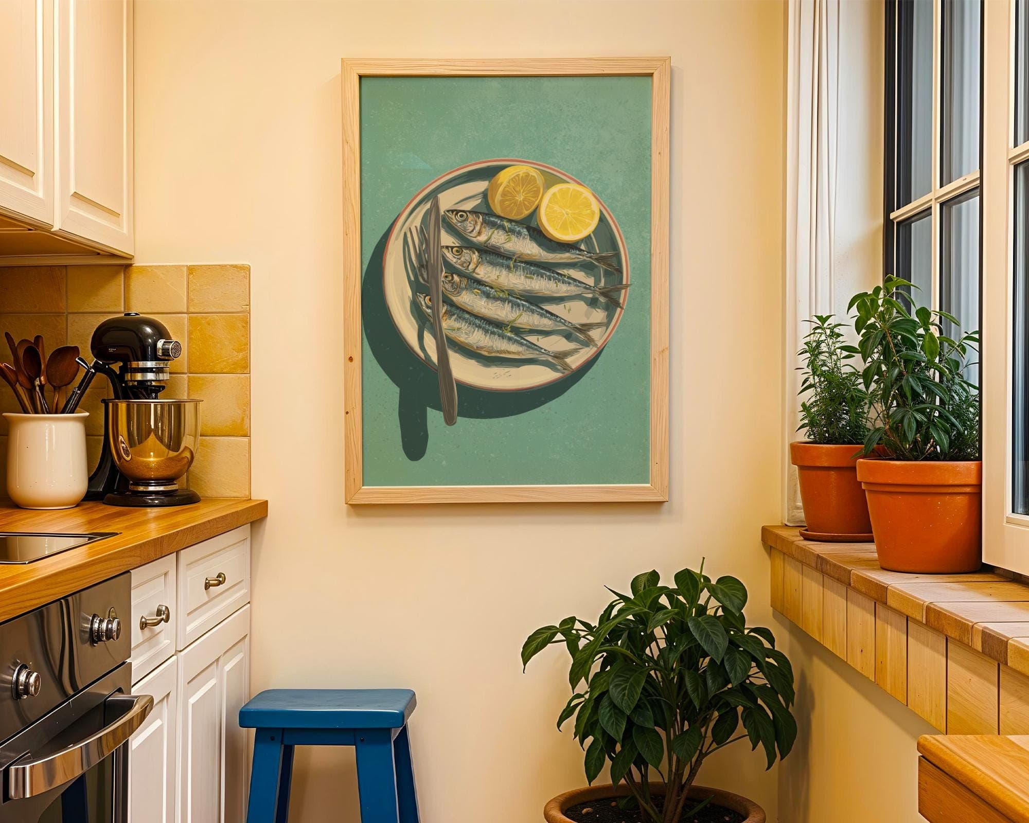 Mediterranean Sardine Plate ā Rustic Coastal Kitchen Art, Mediterranean Coastal Wall Print, Sardines Painting, Digital Download, Sardine Art - view 5