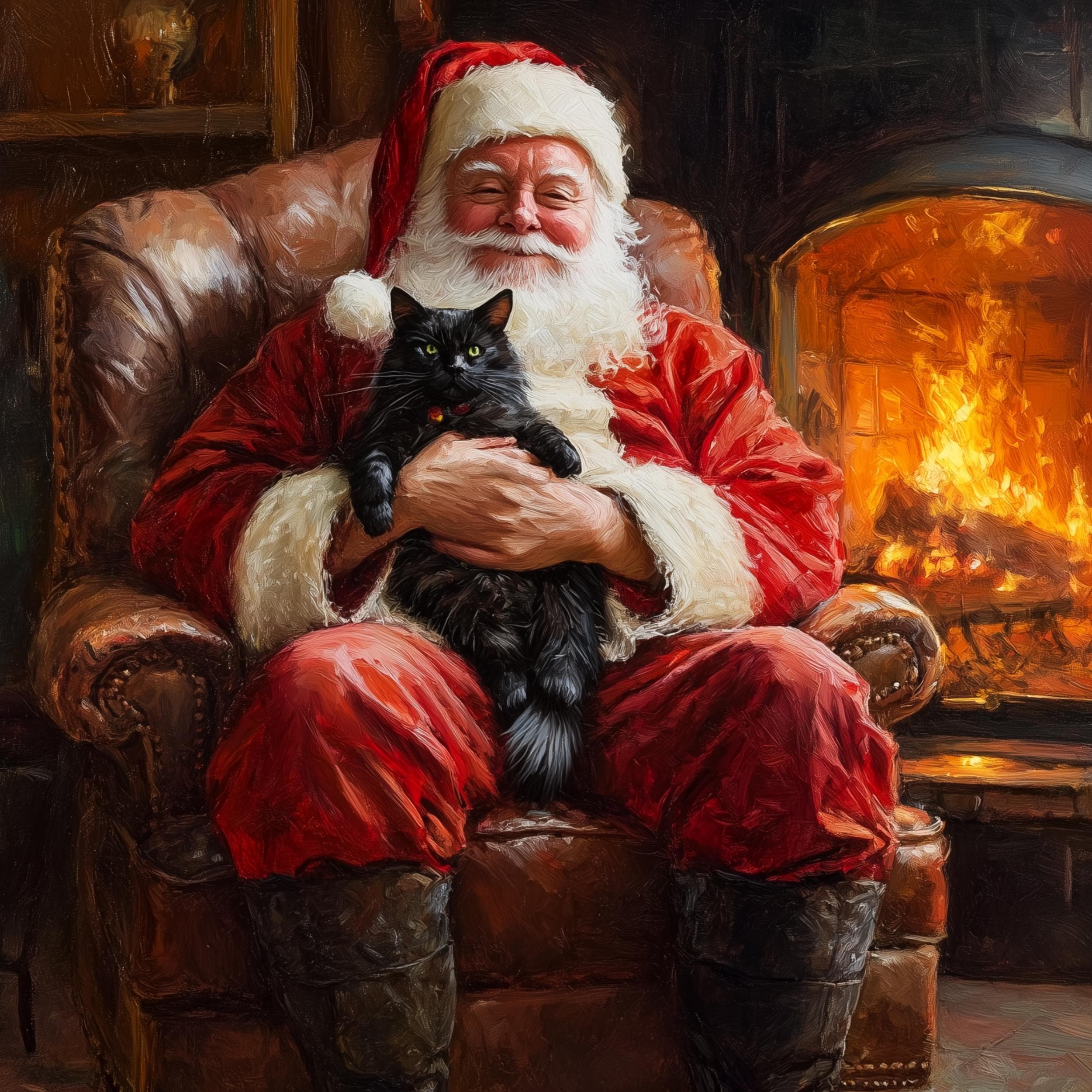 Santa Claus with Black Cat - Cozy Christmas Wall Art Print, Rustic Christmas Art, Warm Christmas Wall Art, Christmas Wall Decor, Digital Art - view 2