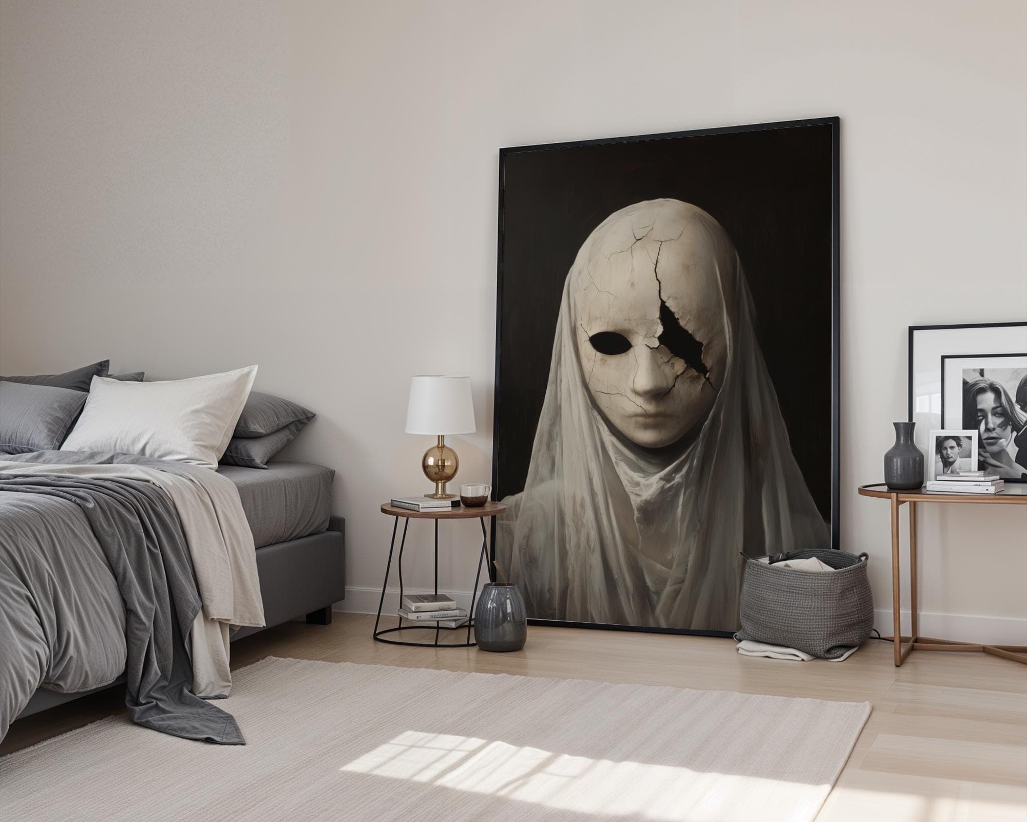 Haunting Veiled Mask Art, Surreal Masked Woman Wall Art, Surreal Gothic Wall Decor, Haunted Portrait Wall Print, Dark Academia Decor - view 3