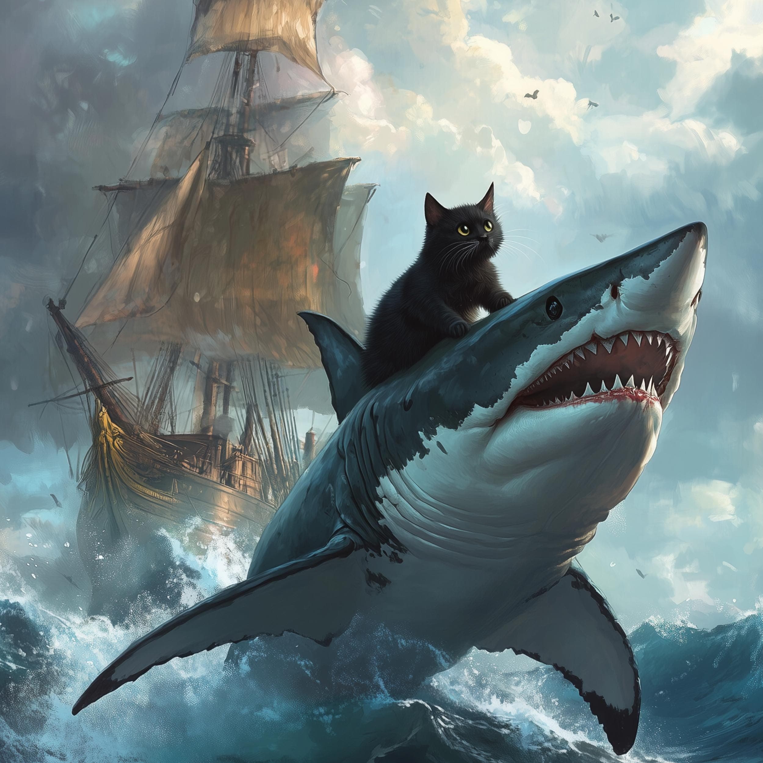 Black Cat in a Sea Ride the Shark Wall Art, Funny Black Cat Wall Decor, Maximalist Cat Wall Art, Black Cat Digital Wall Art, Black Cat Decor - view 2