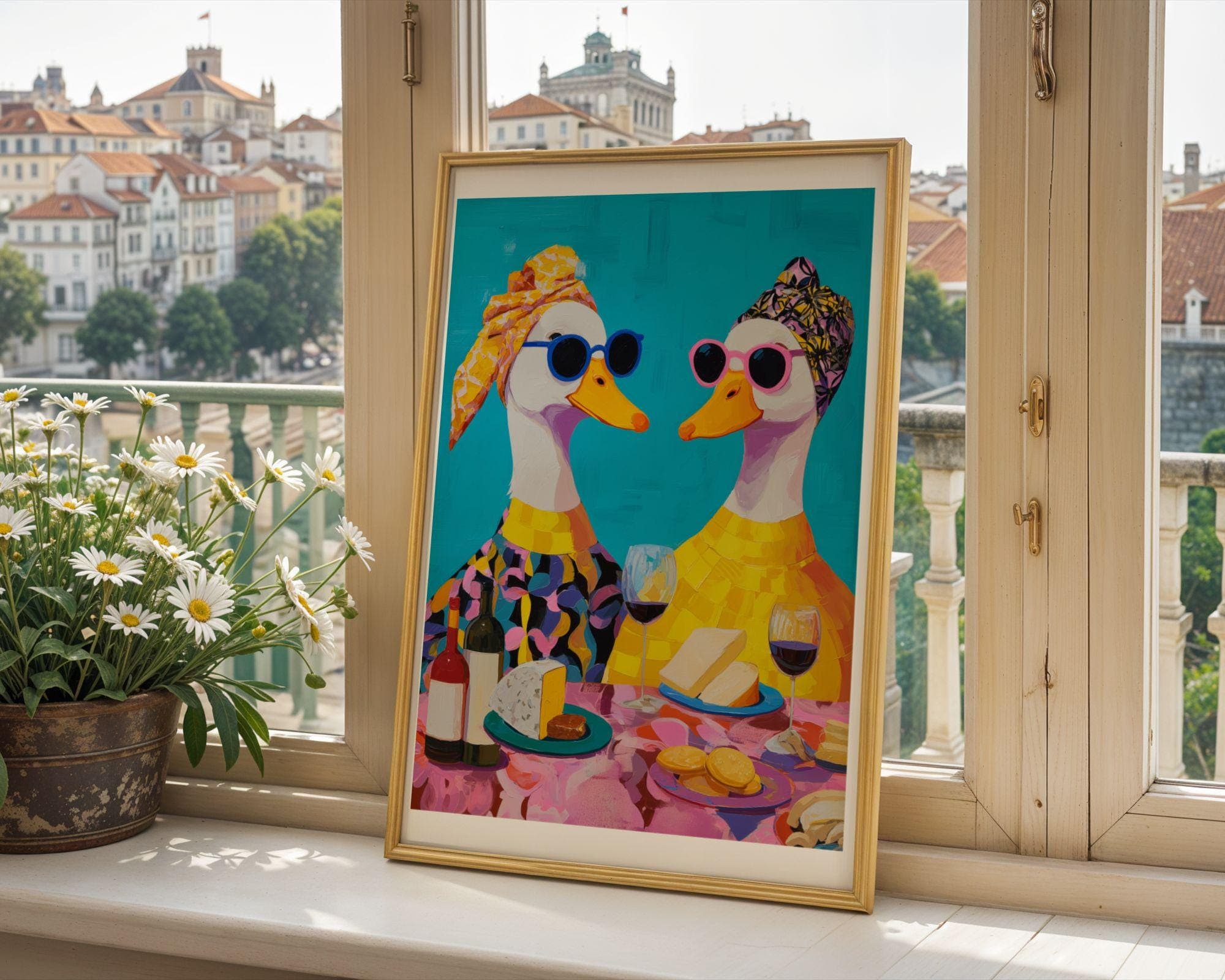 Funny Duck Couple Kitchen Wall Art, Colorful Duck Wine Dinner Art, Whimsical Duck Couple Painting, Pop Art Duck Kitchen Decor, Wine Lover - view 6