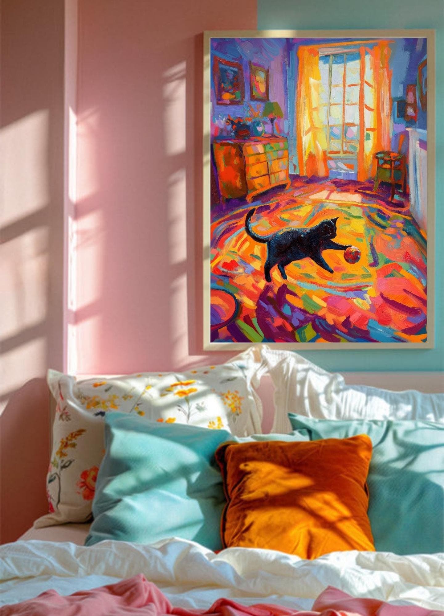 Whimsical Black Cat with Ball, Abstract Art Print, Colorful Painting, Trendy Cute Apartment Decor, Maximalist Black Cat Wall Art, Cat Poster - view 2