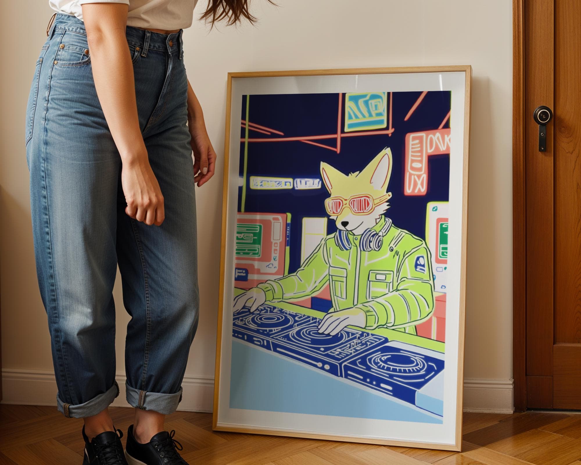 Cyberpunk DJ Fox Wall Art, Neon Furry Aesthetic Print for Gaming Rooms, Electronic Music DJ Fox, Digital Illustration for EDM Enthusiasts - view 2