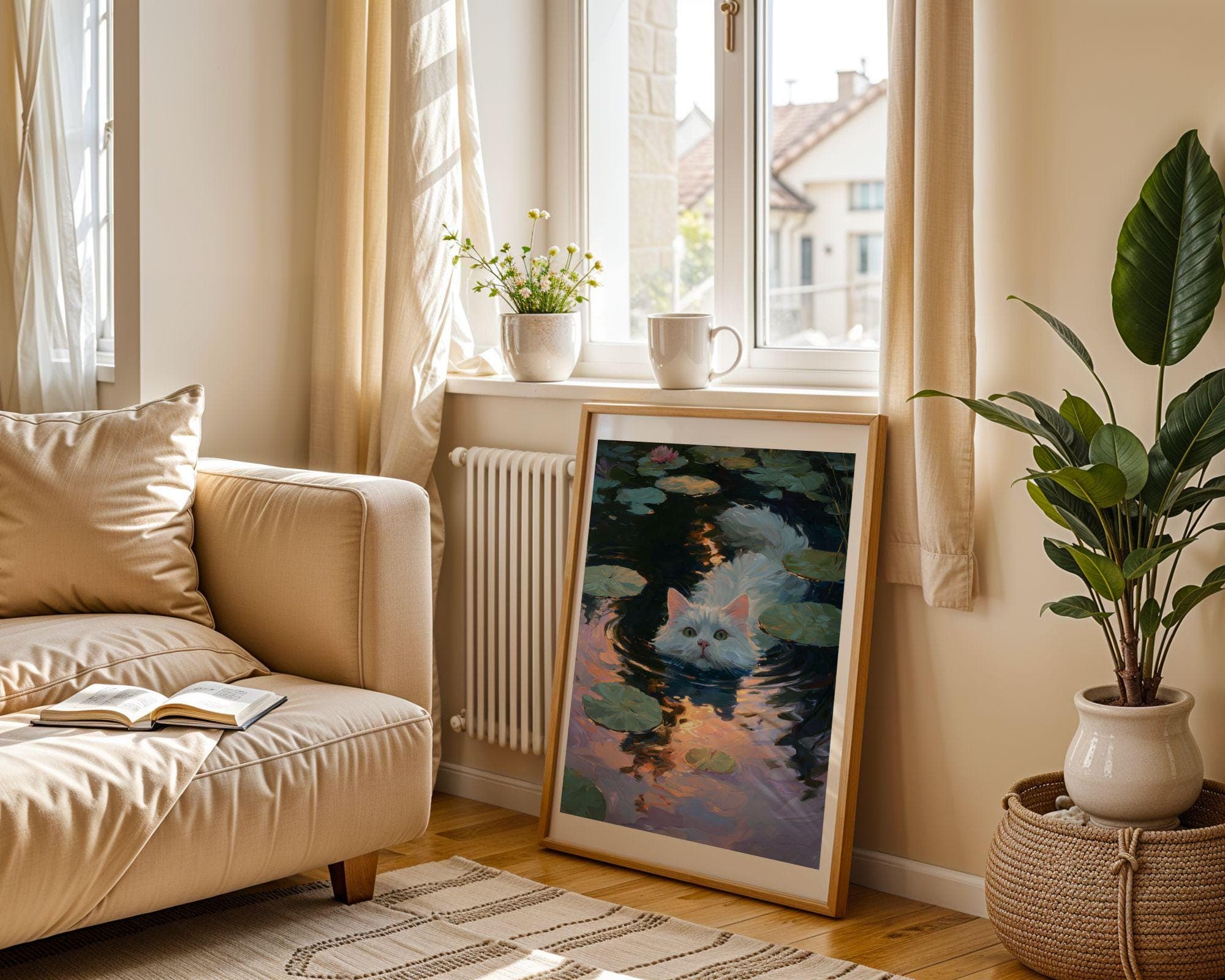 White Cat in Lily Pond, White Cat Painting, Dreamy Pond Wall Art, Bathroom Wall Art, Whimsical Cat Poster, Cottagecore Cat Art, White Cat - view 6