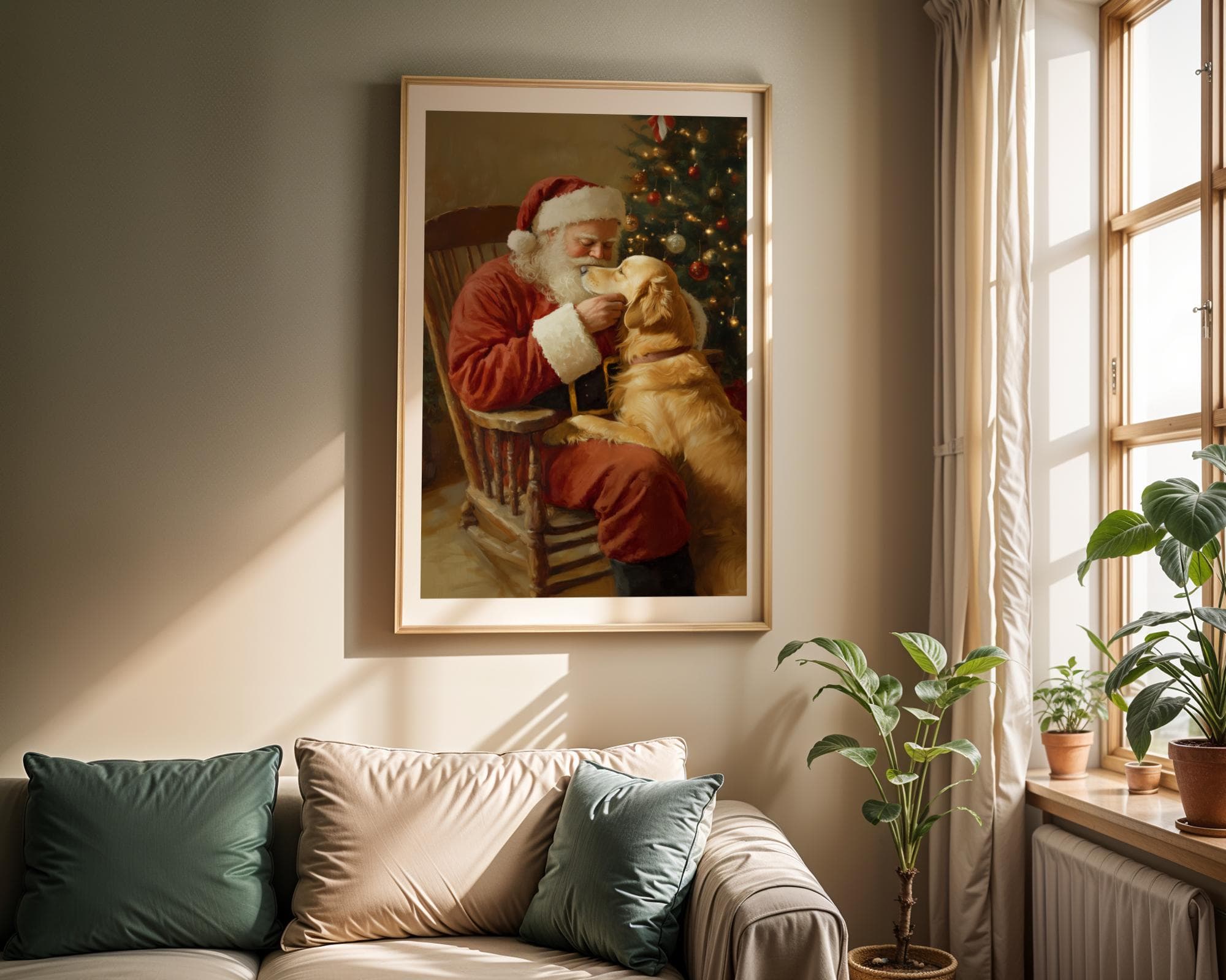 Santa Claus with Golden Retriever - Heartwarming Christmas Wall Art Print, Heartwarming Holiday Art, Cozy Vintage Christmas Wall Art - view 5