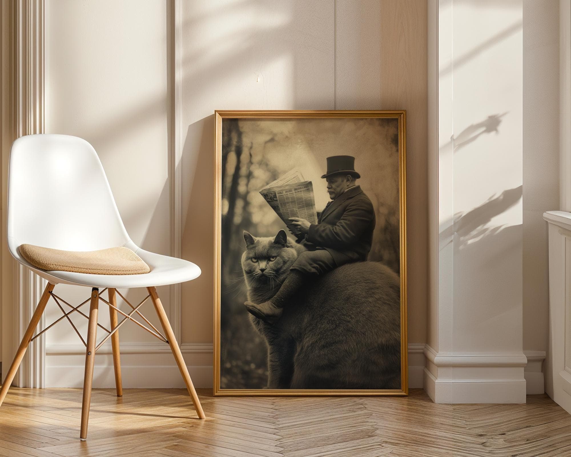 Vintage Cat Wall Art Funny Victorian Man Riding Fat Cat Reading Newspaper, Quirky Vintage Decor, Whimsical Animal Art, Dark Academia Decor - view 2