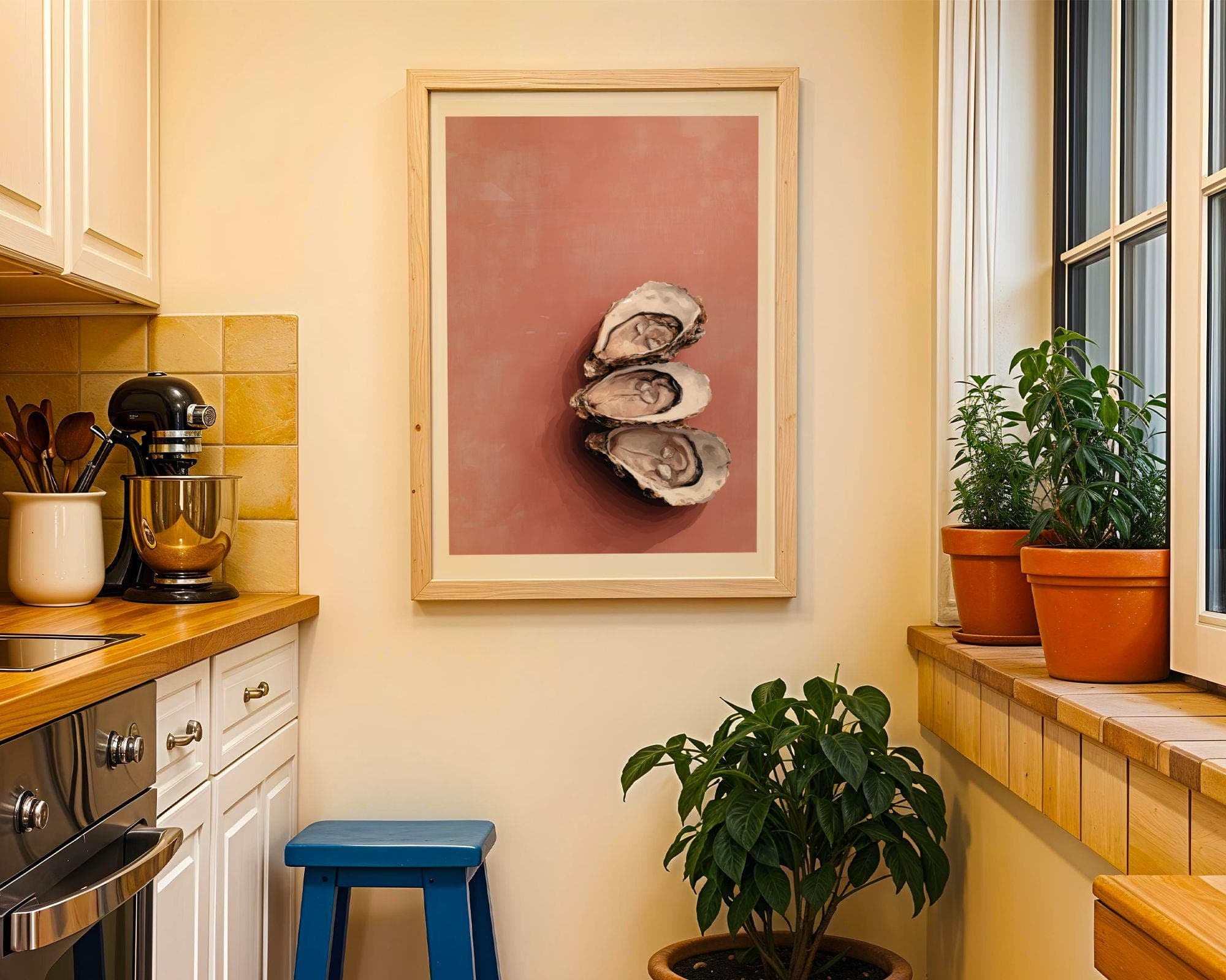 Oyster Wall Art Print, Pink Coastal Kitchen Decor, Pink Oyster Painting, Seafood Wall Art, Beach House Dining Room Decor, Oyster Still Life - view 7