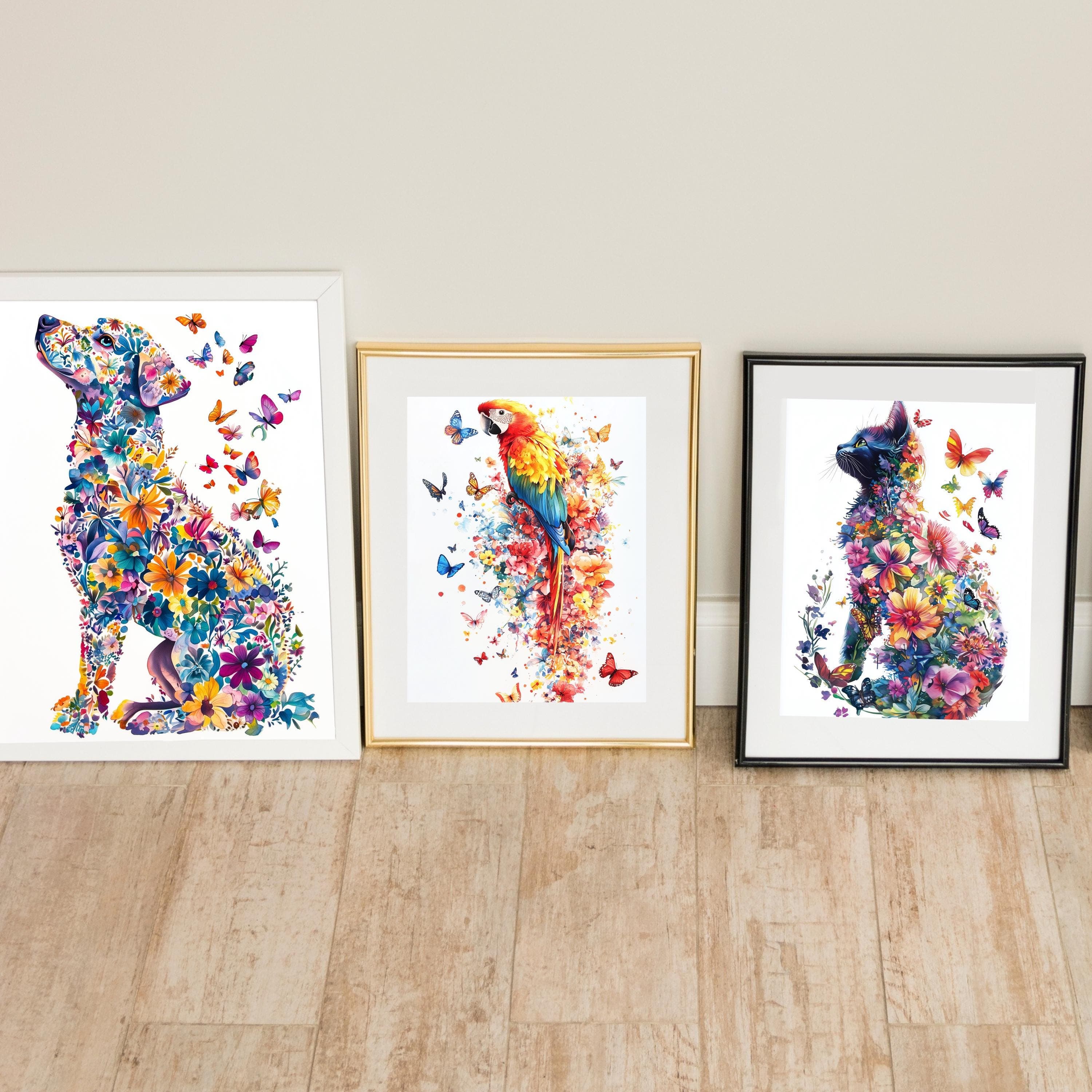 Whimsical Animal Wall Art Set, Floral Animal Art for Kids, Butterfly and Flower Animal Wall Art, Dog, Cat, Parrot Art Prints for Kids, Set 3 - view 5