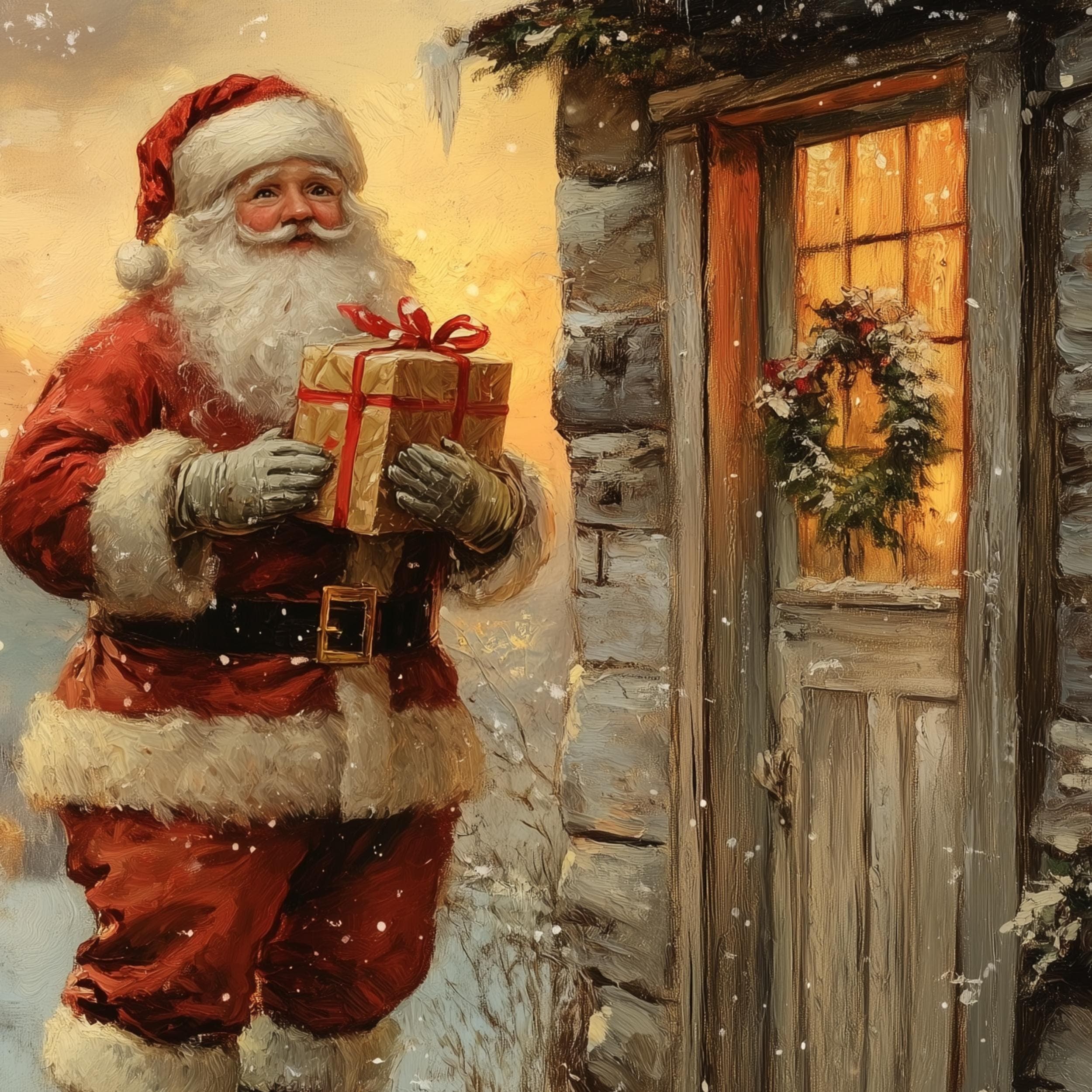 Santa Delivering Christmas Gift Poster, Digital Download, Christmas Eve Santa Art - Winter Wonderland Rustic Decor,Holiday Wall Art Painting - view 2