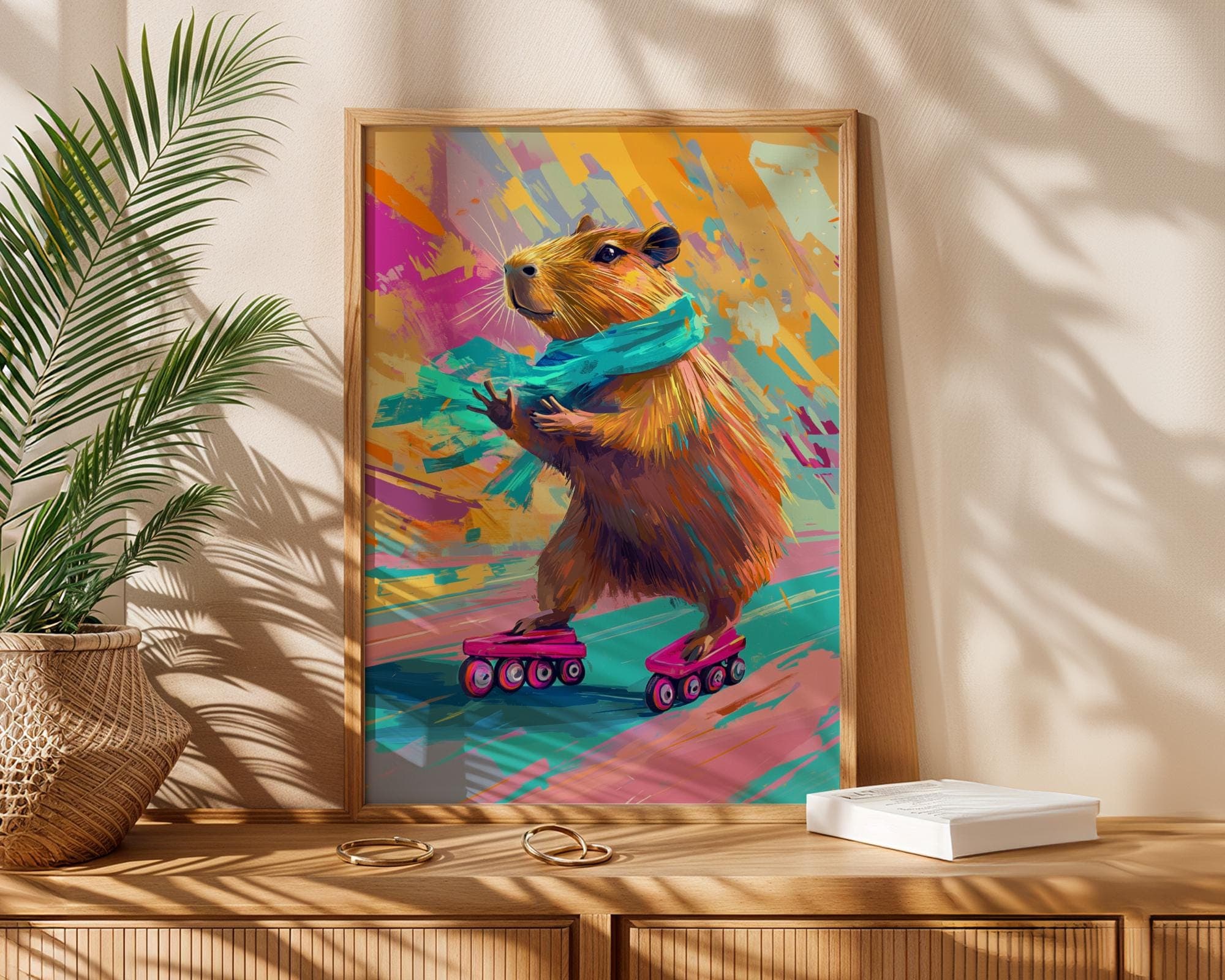 Colorful Capybara Roller Skating Wall Art, Quirky Animal Poster, Digital Download, Capybara Skater Painting, Funky Roller Skating Poster - view 5