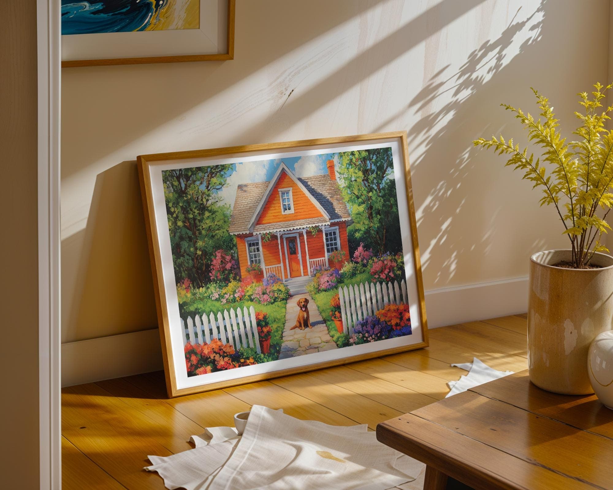 Colorful Garden House Painting, Garden Cottage Wall Art, Cottagecore Dog Poster, Rustic Home Floral Print, Colorful Floral Garden Print - view 5